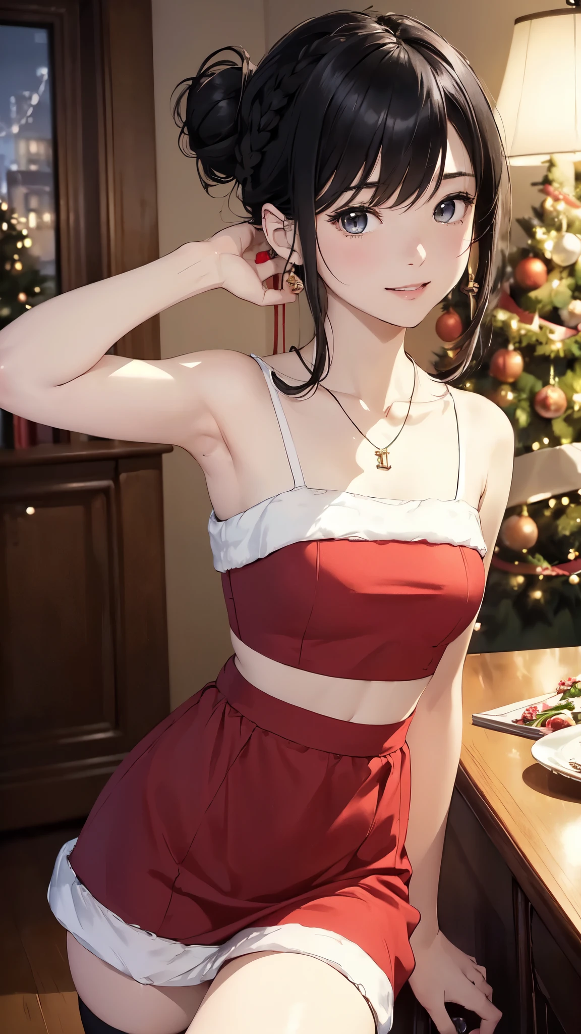 The background is a living room decorated for Christmas、Decorated Christmas Tree、Night view(Highest quality、masterpiece、High resolution)、(Sargent-style watercolor)、( anime art )、、((Right beside、Woman profile、))、(Detailed depiction of a beautiful face)、Sexy Christmas skirt and thong、Black stockings、Sleeveless Christmas crop top、A kind smile、Medium Short Hair、Black Hair、Braiding、Expressive eyes、
information(Highest quality:1.2)、Very detailed、High resolution、masterpiece:1,2、Bright colors、bokeh、Professional Lighting、Physically Based Rendering、Flat Color:0.8、Fine Illustration、Realistic:1.37、Makoto Shinkai style、Name Style、Elegant update、Short Bob、Laugh together、Dynamic poselip、cheek(Black Hair/)bangs、cheek(direction)、(最高masterpiece1.2) delicate illustrationVery detailed、Break Blue Sky、Detailed Background、18-year-old female、、A shy smile、Through clenched teeth、Clench your teeth、lip、cheek(Flat Color: 0.8)、(masterpiece: 1,2)、(masterpiece: 1,2)、High resolution、超High resolution、Highest quality、High resolution、Ultra-thin illustration、Makoto Shinkai style、Your Name is Style、long hair、Short Bob、necklace、Earrings、Dynamic pose、Selfie、whole body、Black Hair、Braiding、Hair Bun、ponytail・Hair Bun Style、necklace、Valletta、ribbon、Earrings・Anicure,。