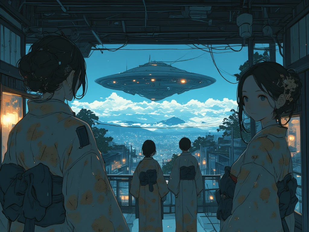 An open Japanese-style room with no windows or sliding doors　night　Three women wearing kimonos, two from behind　One of them turns around and looks at me　
Outside is a huge disc-shaped UFO, light and shadow　detail, smile, Widescreen, Chiaroscuro, Artistic, 