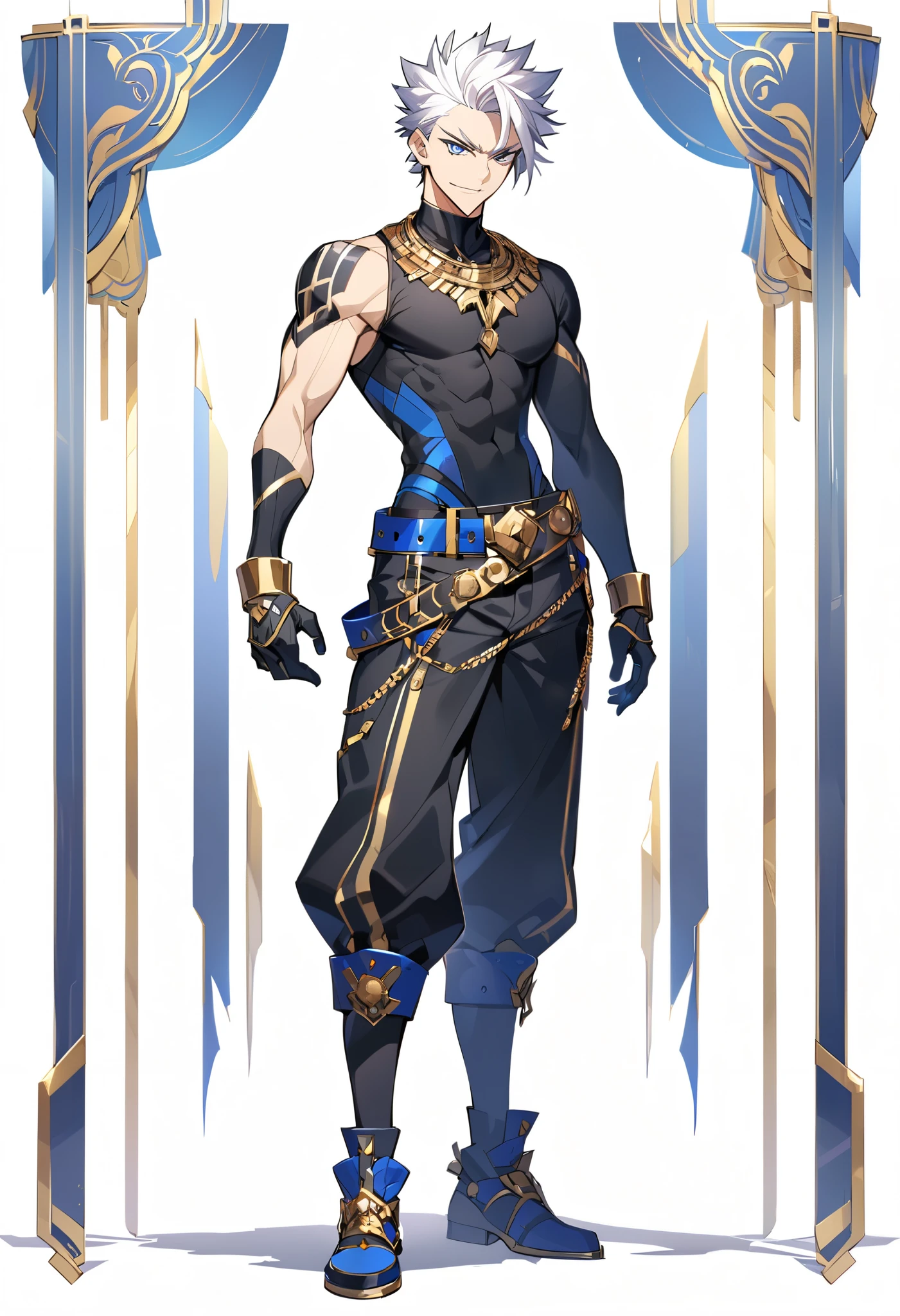  adult,  arrogant smile,  short hair,  white hair, spiked hair, Blue eyes, defined, shirt, Gloves, slim but athletic with medium muscles,  white hair, black Gloves,  belt,  pants , Blue trim, black shirt, black  pants , gold ornament,  full body 