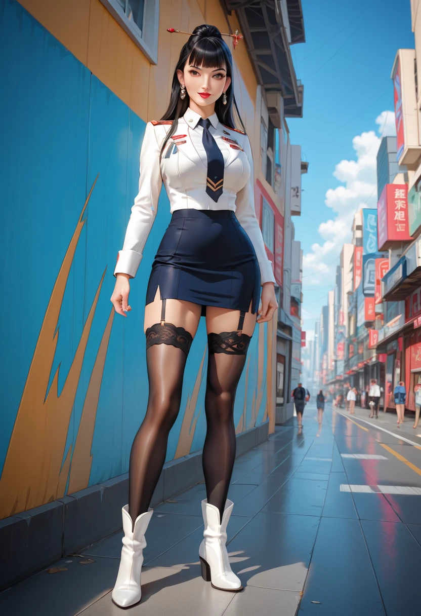 (masterpiece,  High Definition ,  top quality :1.3), 8k,  very detailed,  complicated,  colorful ,  vibrant image against foot wall,  Sharp Focus,  in Thailand, 4K, Agatha,  One girl , Combat Stance,  Confident Look , がchestの , sunny, (:1.1),  blue sky,  skyscraper ,  full body shot  ,  black hair,  long hair, blunt bangs,  hair accessories,  hair stick, bow, lipstick, compensate,  eyeshadow, Ultra detailed hair,  detailed face ,  brown eyes, Complex and realistic perfect eyes,  perfect face,  earrings for women with first name, gem, uniform,  pencil skirt,  ties,  panties,  white boots that shoot bows,( black thigh high socks:1.5), ( garter strap:1.5) ( mature woman, Age 30:1.1), Mature Woman, chest,