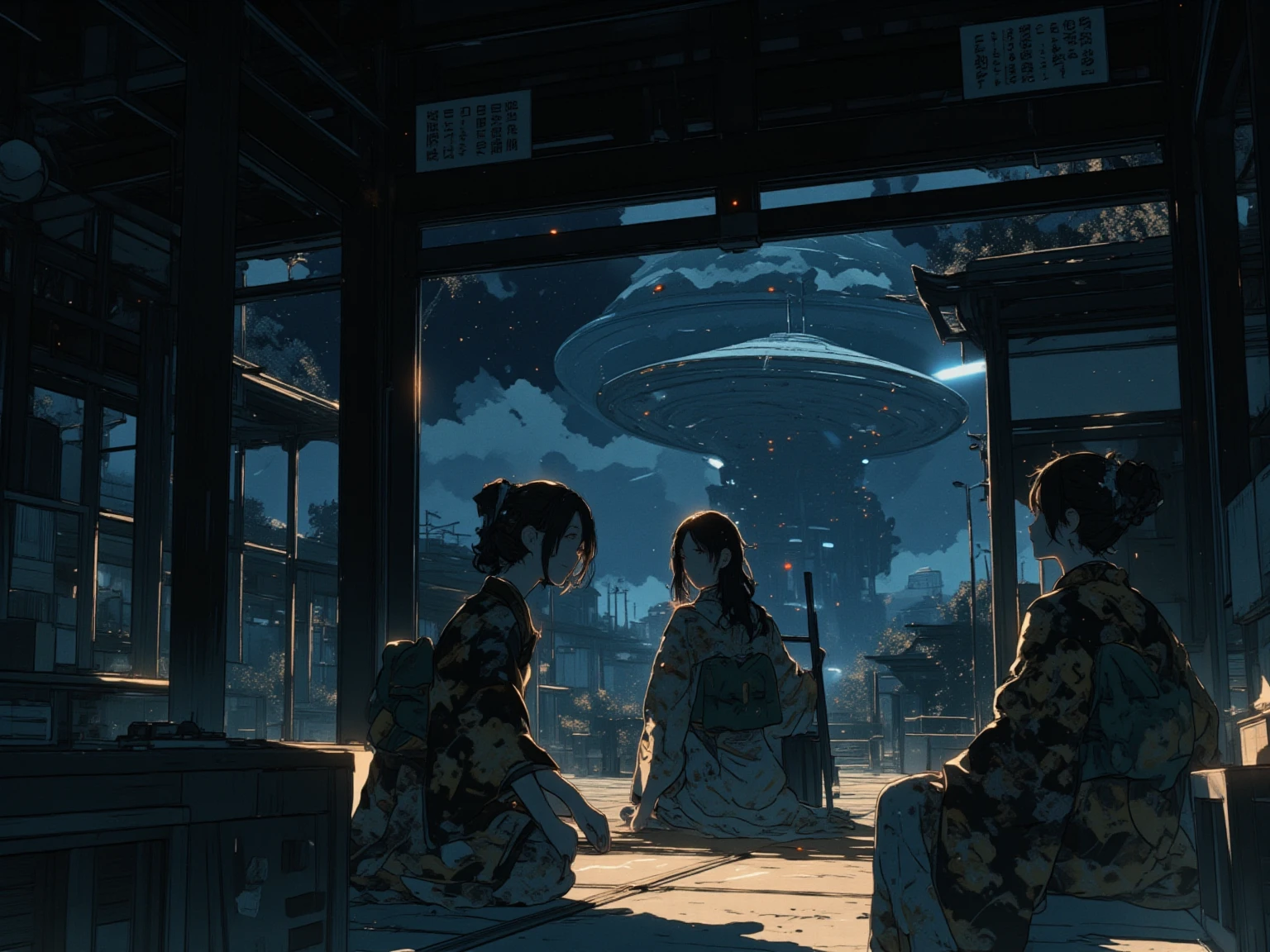 An open Japanese-style room with no windows or sliding doors　night　Three women wearing kimonos, two from behind　One of them turns around and looks at me　
Outside is a huge disc-shaped UFO, light and shadow　detail, smile, Widescreen, Chiaroscuro, Artistic, 