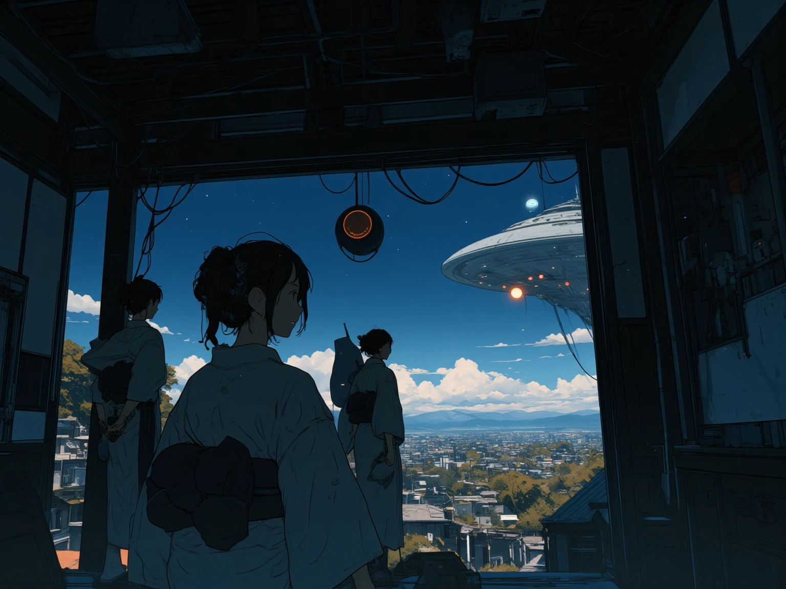 An open Japanese-style room with no windows or sliding doors　night　Three women wearing kimonos, two from behind　One of them turns around and looks at me　
Outside is a huge disc-shaped UFO, light and shadow　detail, smile, Widescreen, Chiaroscuro, Artistic, 