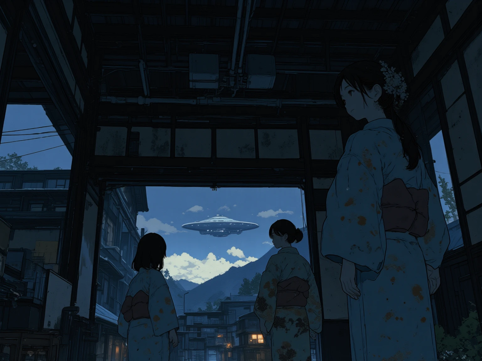 An open Japanese-style room with no windows or sliding doors　night　Three women wearing kimonos, two from behind　One of them turns around and looks at me　
Outside is a huge disc-shaped UFO, light and shadow　detail, smile, Widescreen, Chiaroscuro, Artistic, 