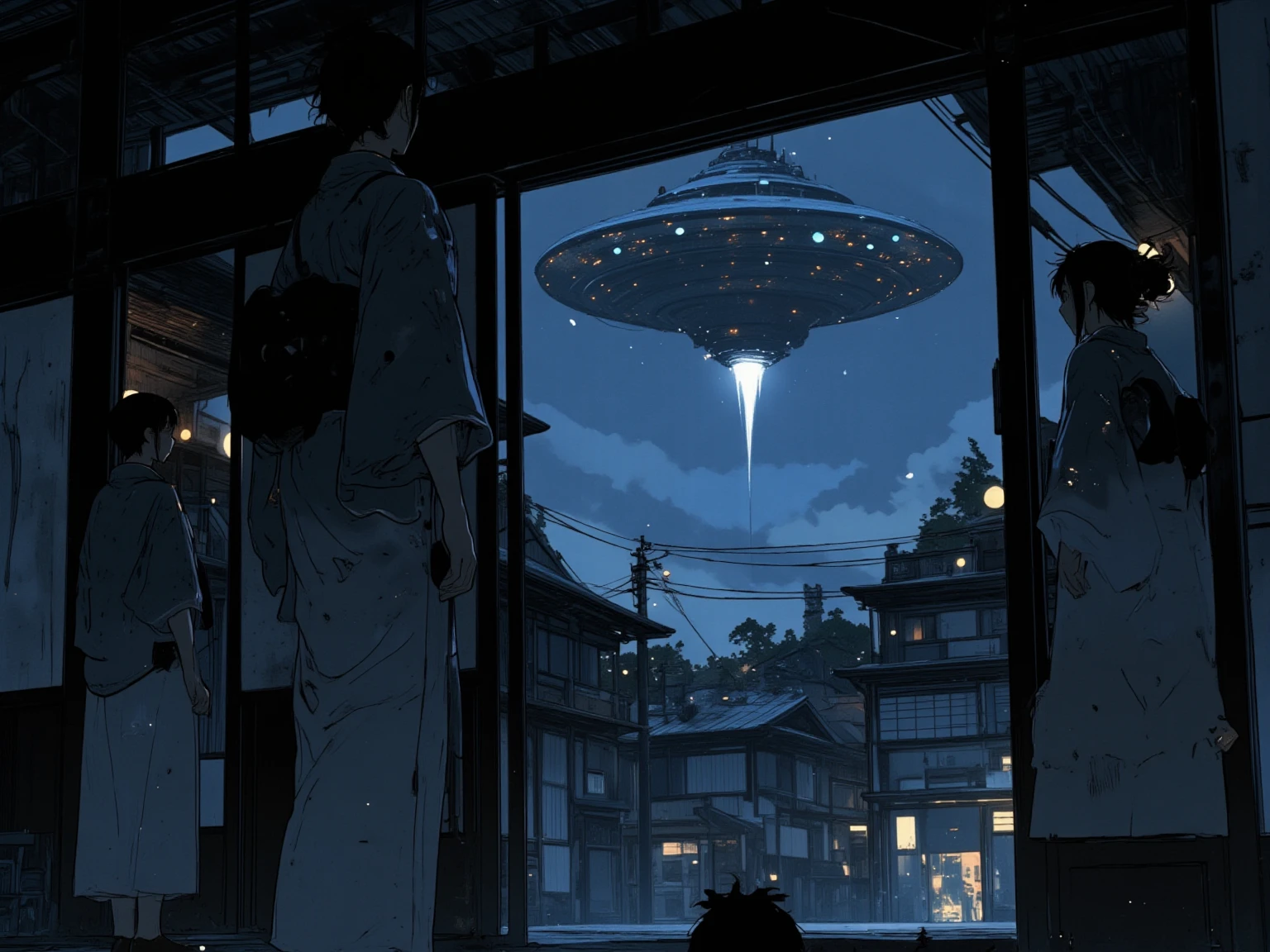 An open Japanese-style room with no windows or sliding doors　night　Three women wearing kimonos, two from behind　One of them turns around and looks at me　
Outside is a huge disc-shaped UFO, light and shadow　detail, smile, Widescreen, Chiaroscuro, Artistic, 