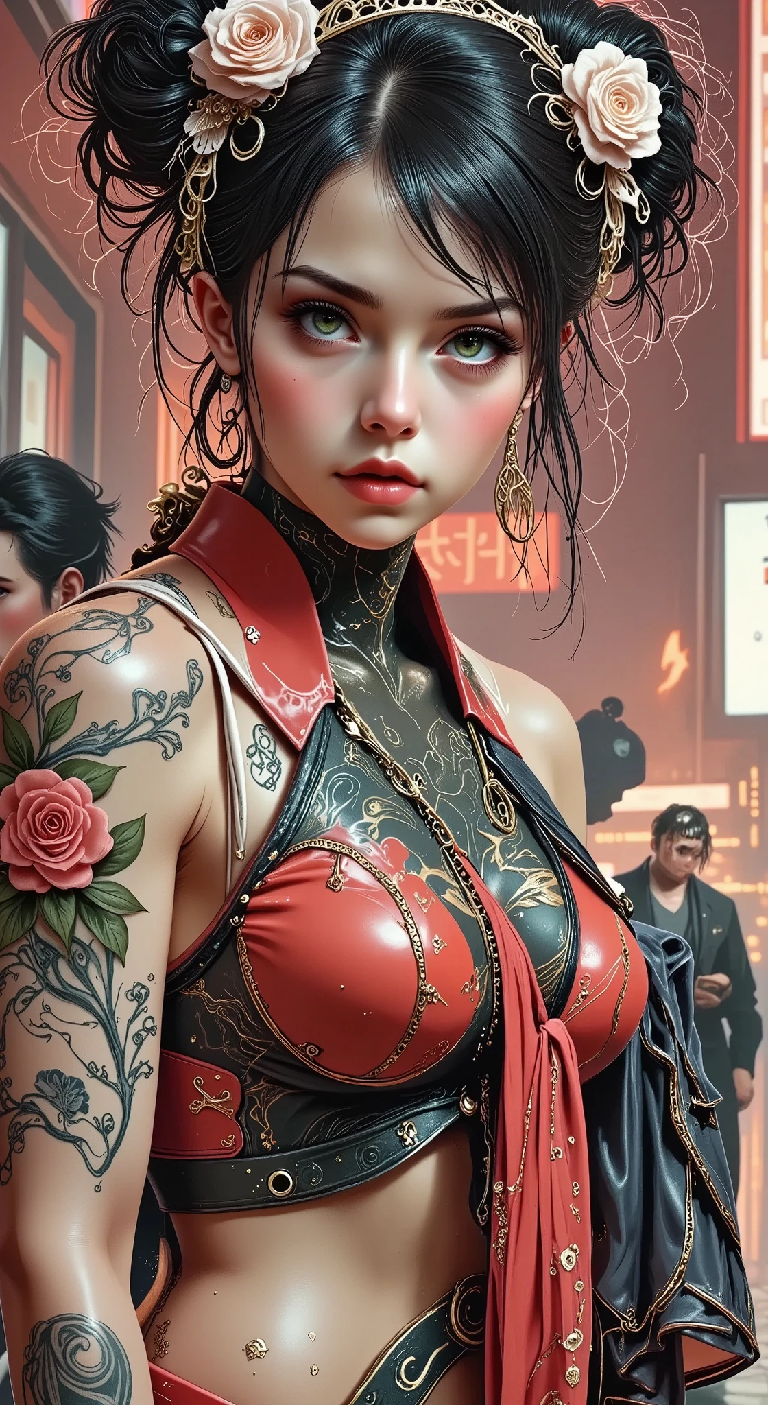  a woman with tattoos and a flower in her hair ,  a hyperrealistic painting inspired by Utagawa Hirokage, trending on ArtStation, ink-e, oriental tattoos, ink style, Japanese art style , yakuza slim girl, anime character; full body art, tattoo style, Geisha tattoo , beautiful body and detailed face, Inked, chiaroscuro, cinematic lighting, UHD, Retina, masterpiece, Accurate, anatomically correct, textured skin, Super detail, high details, high quality,  award winning , best quality, highres, 1080P, HD, 16K