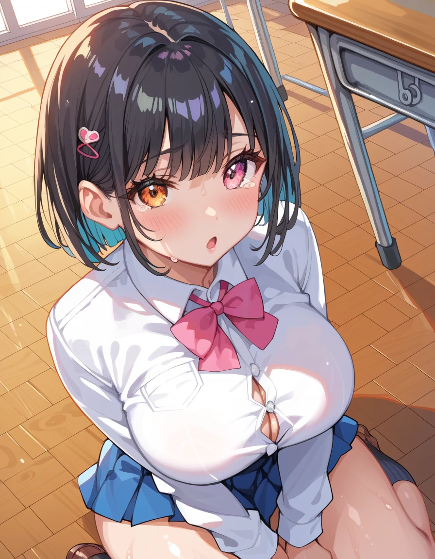 (Masterpiece, top quality, super high quality, super high detail, beautiful hair, beautiful eyes, perfect face), classroom, short twin-tail, black hair, very *********, heterochromia, pink eye, orange eye, very huge breasts, 145cm tall girl half out of uniform, half naked, kneeling on floor, sitting upright face up, body tense with fear, half naked, looking up, wide mouth open, panicked expression, large amount of thick  on face, hair, body and thighs, sweaty, tears, blushing, shadow of person standing in front, angle looking down from above