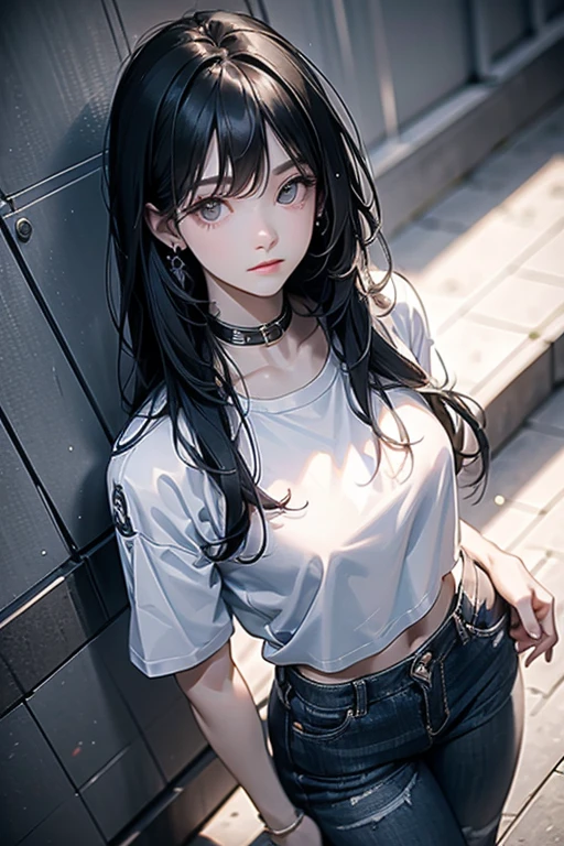  Young, S, Long black hair wearing white t-shirt and jeans, View from above the spectatorHigh resolution,  masterpiece , Necessary,  best quality , 