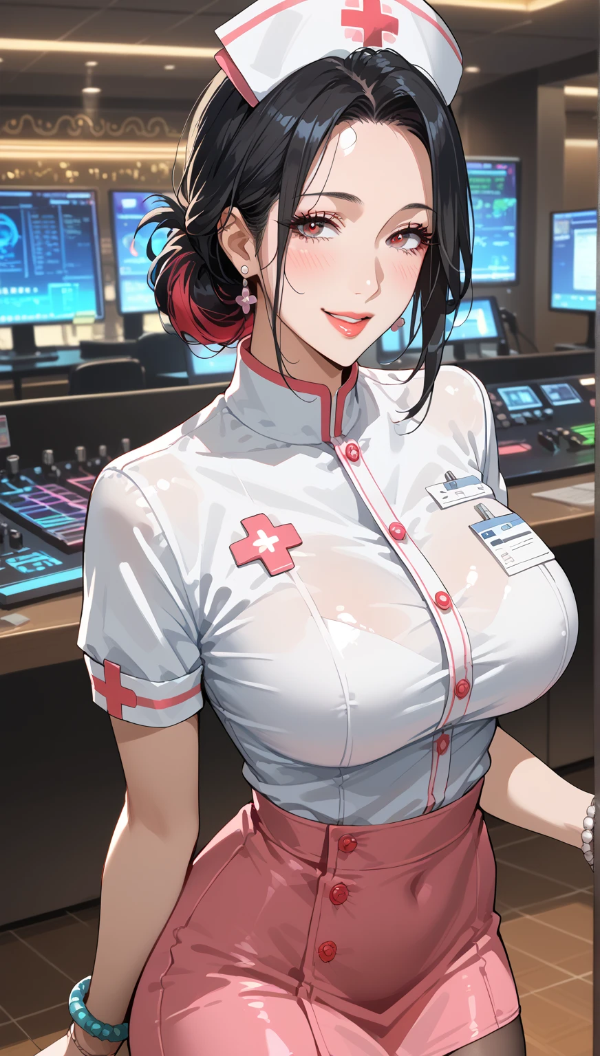 score_9, score_8_up, score_7_up, source_anime,masterpiece,best quality,beautiful detailed eyes, beautiful detailed lips, extremely detailed eyes and face, long breasts, 1 woman, 45 years old ,mature woman,Smile , nurse,hide and take off clothes,firm breasts, shockingly large breasts, large breasts, tight waist, stylish body, nightclub,ecstatic expression, flushed face, shooting from above,Black hair,colored red inner hair ,black knee socks, mullet hairstyle,bracelet