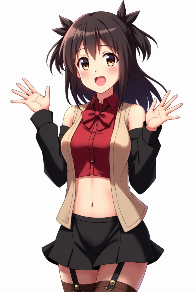 1girl in, , kawaii, pigtails, brown hair, posing childlike, knee socks, grinning, playful, innocent and pure, adorable girl, lewd, panty shot, stripe panties, backpack, hair bow, panties, , 2000’s anime style ( body) (very thin) (no curves) manga