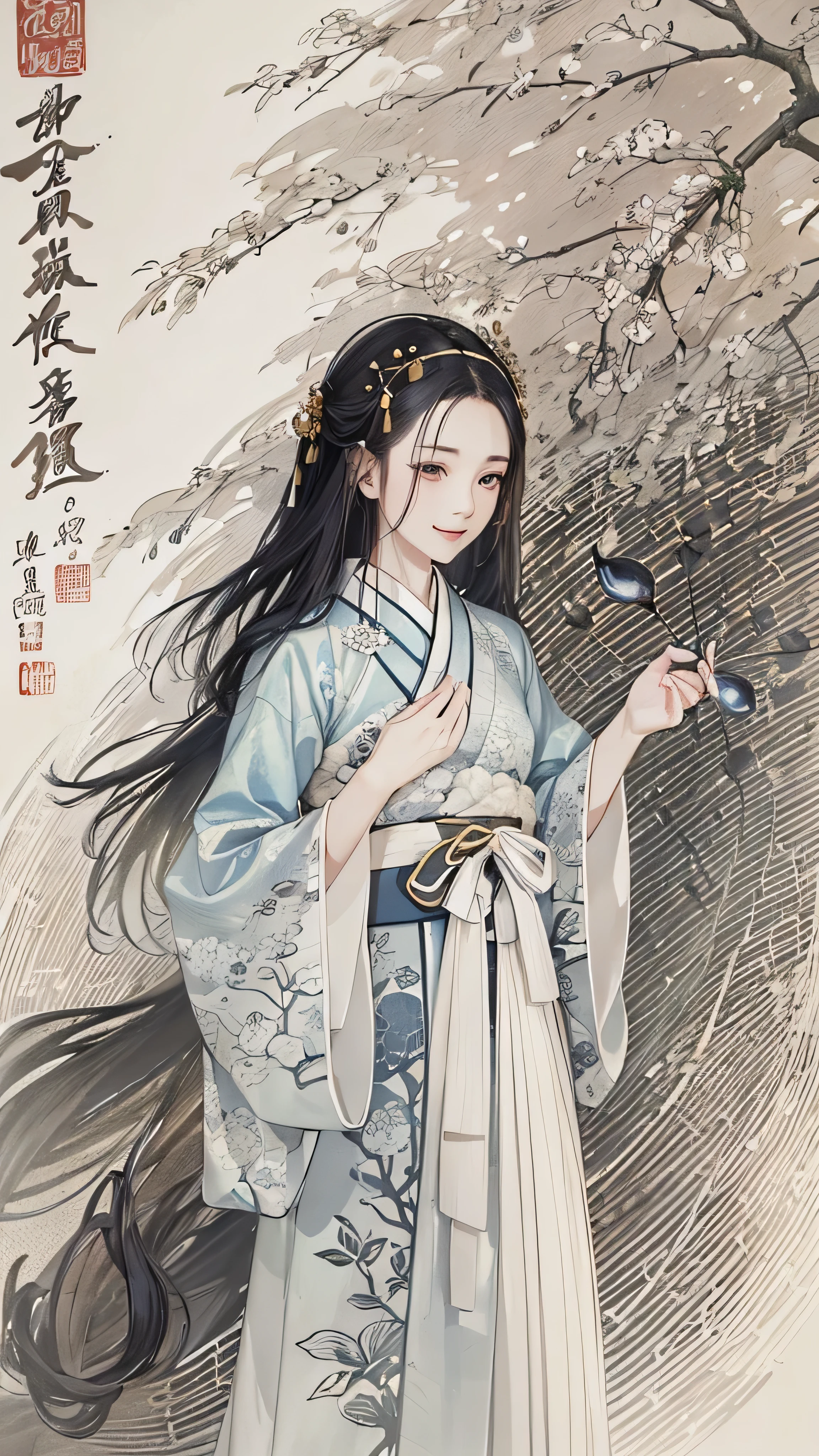 Shukezoma,  Negative Space , , Jellyfish Sim  ,  portrait of a woman standing , Willow Branch, (masterpiece,  top quality :1.2), Traditional Chinese ink painting ,  Model Shooting Style , Peaceful, (smile),  viewers, wearing long Hanfu, Hanfu, Song, Portrait of a woman standing with a willow tree in the background , wuchangshuo,