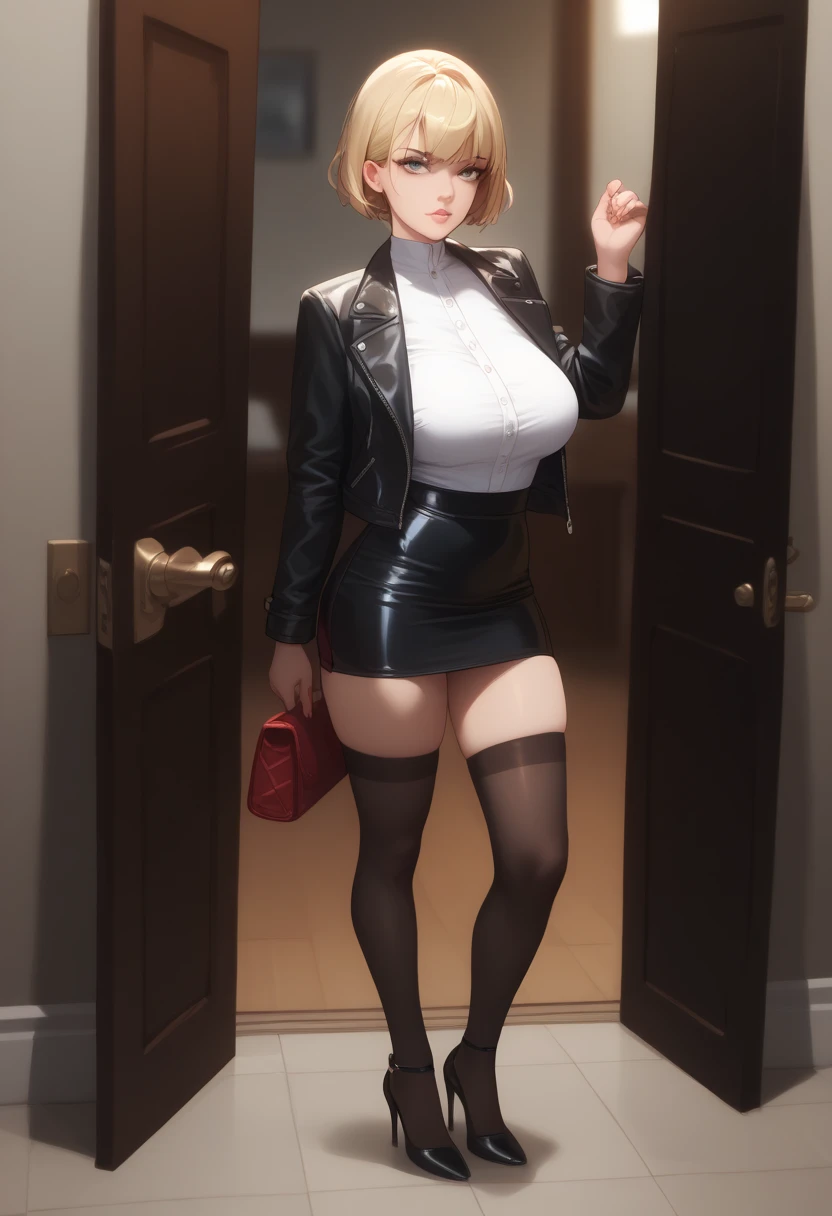 40-year-old woman with short blonde hair with Bob hairstyle wearing black leather jacket and short black skirt with tight stockings and heels standing at the door 