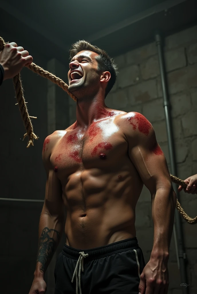 A fit man with short black hair was kidnapped and is now tied up with chains. He was beaten, looks exhausted into the camera and is bleeding all over his body. He was tortured and is suffering. His hair is messy and he looks exhausted. The atmosphere is scary, dark and cold.Make it hyperrealistic and cinematic.