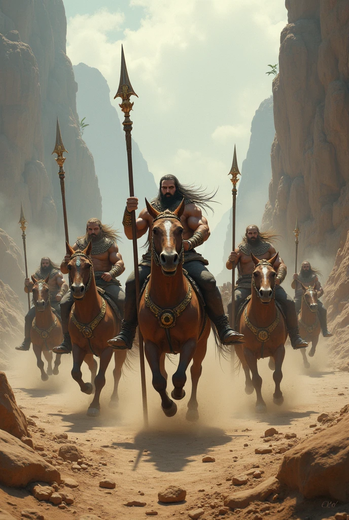 A fierce half human half horse creature charging into battle on an open, rocky plain, his hooves kicking up dust as he raises a spear high in the air. His expression is one of intense focus and determination, and his muscular body glistens with sweat. Behind him, other centaurs gallop forward, their weapons ready, as they prepare to clash with an unseen enemy. The sky above is dark and stormy, adding to the dramatic tension of the scene.
