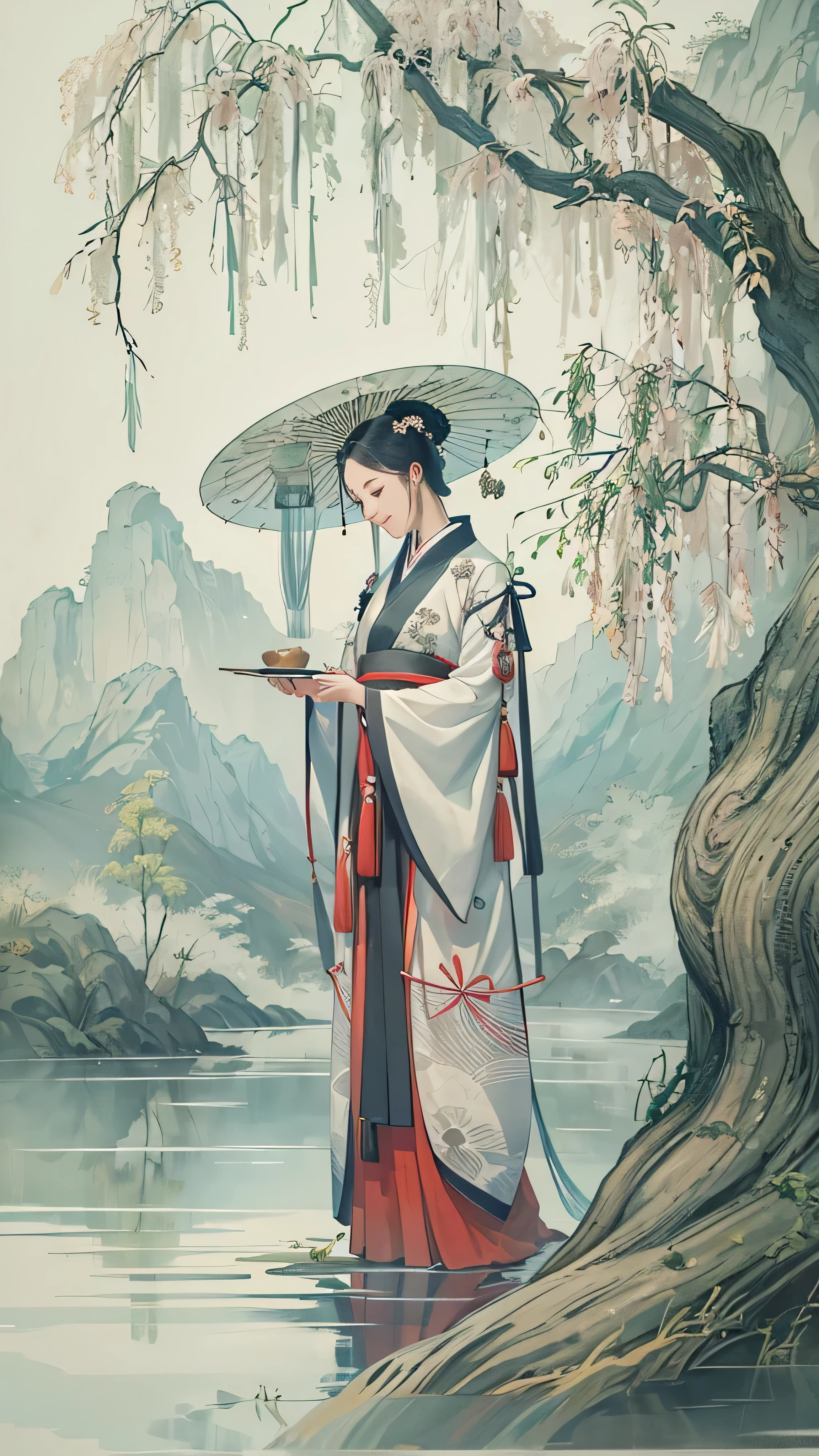 Shukezoma,  Negative Space , , Jellyfish Sim  ,  portrait of a woman standing , Willow Branch, (masterpiece,  top quality :1.2), Traditional Chinese ink painting ,  Model Shooting Style , Peaceful, (smile),  viewers, wearing long Hanfu, Hanfu, Song, Portrait of a woman standing with a willow tree in the background , wuchangshuo,