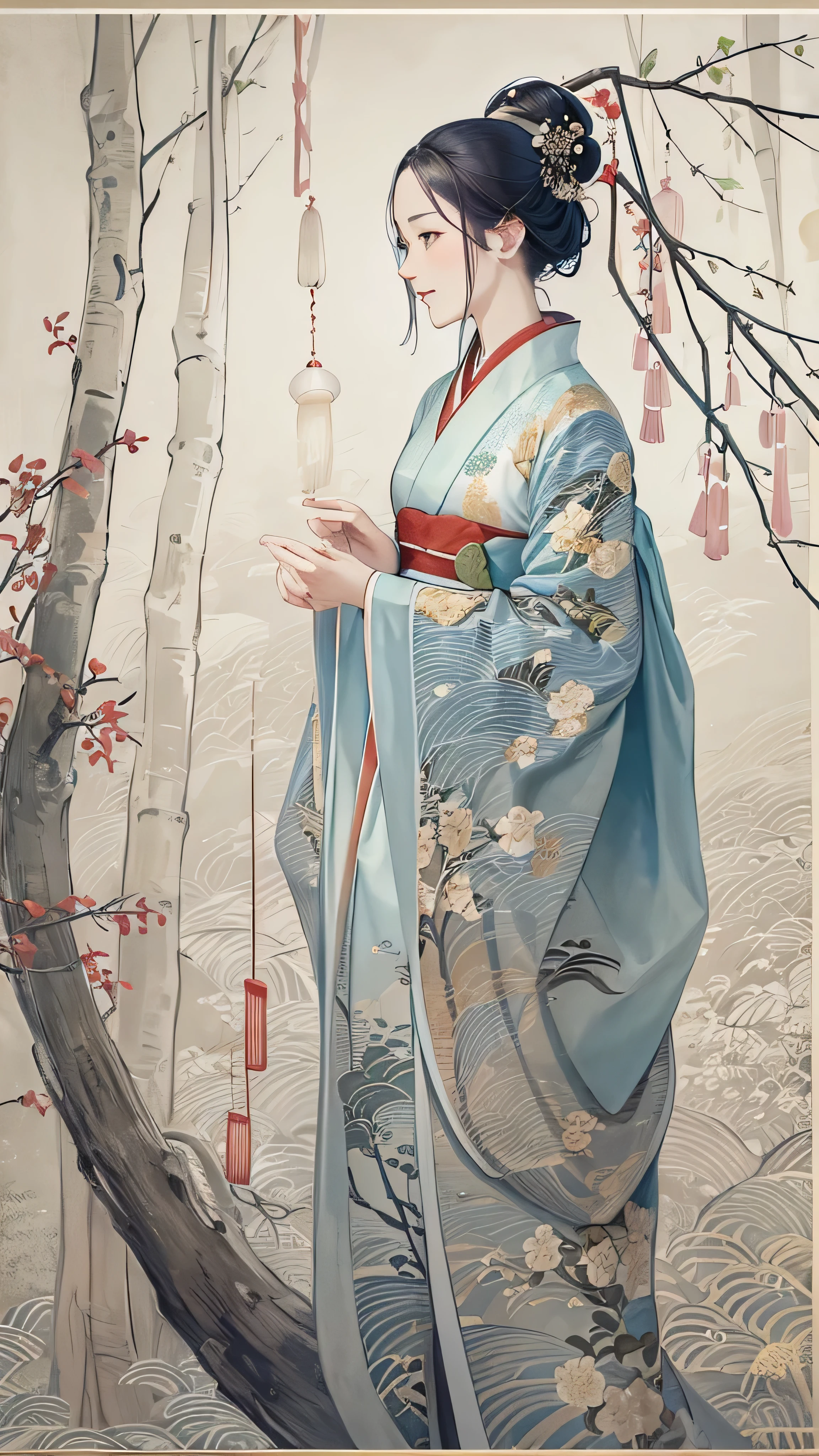 Shukezoma,  Negative Space , , Jellyfish Sim  ,  portrait of a woman standing , Willow Branch, (masterpiece,  top quality :1.2), Traditional Chinese ink painting ,  Model Shooting Style , Peaceful, (smile),  viewers, wearing long Hanfu, Hanfu, Song, Portrait of a woman standing with a willow tree in the background , wuchangshuo,