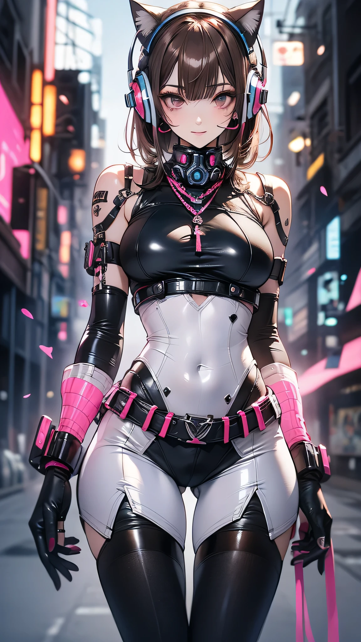 (nsfw:1.1)、Very beautiful woman、Slender women、(Detailed face)、Realistic Skin、((Delicate photo))，(Girl Masterpiece RAW Photo Details:1.25), (Highest quality:1.6), (Ultra-high resolution:1.5), (Realistic:1.75), 8K resolution, Canon EOS R5, 50mm, Absurd, Ultra-detailed,Cinema Lighting、One girl, White hair,((hime_cut))、Smile、 Window Shades,((Ultra tight pink jacket coat)), Chest Rig, cyber punk, ((Techwear)),I can see your abs、Bra Top、((Big Breasts))、((The abdomen is visible))、(((Ultra-delicate and futuristic design)))、Biting into the crotch、((logo))、((Text on clothing))、((Micro Size Underwear))、((With futuristic weapons))