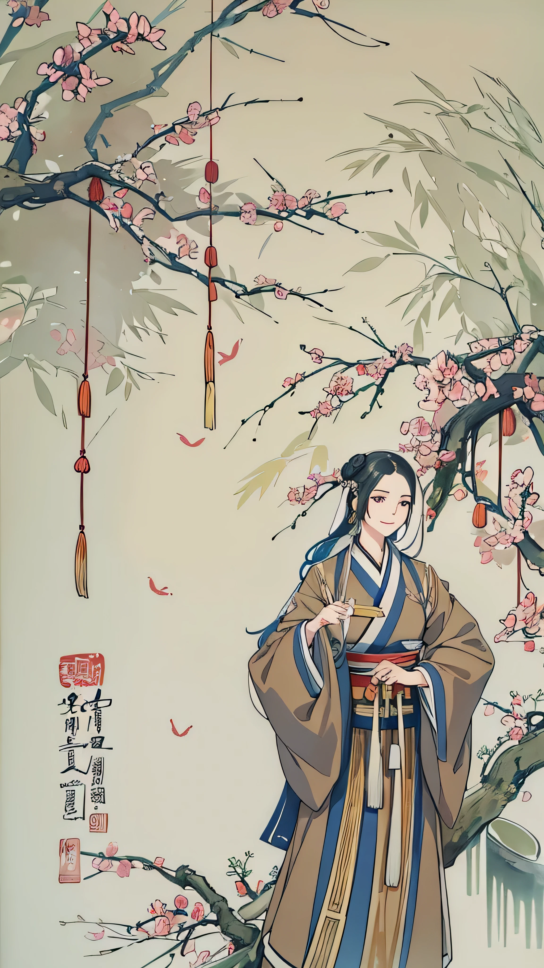 Shukezoma,  Negative Space , , Jellyfish Sim  ,  portrait of a woman standing , Willow Branch, (masterpiece,  top quality :1.2), Traditional Chinese ink painting ,  Model Shooting Style , Peaceful, (smile),  viewers, wearing long Hanfu, Hanfu, Song, Portrait of a woman standing with a willow tree in the background , wuchangshuo,