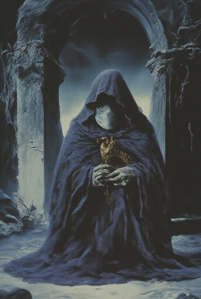 Mysterious figure in a dark, hooded cloak adorned with gold-speckled patterns. The figure wears a cracked, white mask, concealing the face, accentuating the enigmatic quality. The cloak drapes dramatically from the shoulders, creating a sense of grandeur and mystery. Soft, muted tones of dark blue, white, and gold dominate the image. A shadowy, stone-like structure forms the background, casting deep, dramatic shadows and lending an antique, ancient, or gothic environment. The composition is centered on the figure, with a slightly downward perspective. The overall mood is solemn, serene, and pensive, evoking a sense of profound awareness or contemplation. Details like the intricate patterning and material textures add a sense of depth and artistic complexity. A strong contrast between light and shadow imbues the image with a classic gothic-style atmosphere. The figure's posture suggests stillness and contemplation. The artist expertly conveys an oppressive mood through composition and color choices, resulting in a gothic, gloomy atmosphere. Digital painting style, fantasy art. Pixelated aesthetic, retro game graphics, vibrant colors, surreal. The grainy, vintage art style evokes the aesthetic of classic sci-fi infographics. Hyperrealistic textures, dynamic composition and deep shadows. Cinematic lighting and atmospheric effects, illust、art、from 80s horror movie, Analog style, vhs style, 8mm film, chromatic aberration, Dvd screengrab、Surrealism, 1 9 8 0's heavy metal album art, psychedelic cosmic horror, 8 0 s Print Science fiction art, 1 9 8 0 s Portada de ciencia - fidelidad, alien skull, por Don Maitz, por Richard Corben, 8 0 s arte, Cosmic horror style, 8 0's fantasy art
