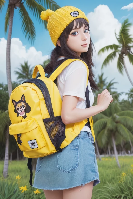 Create a sad yellow animal kitten on a dark street with a backpack on his back in shorts and suspenders and