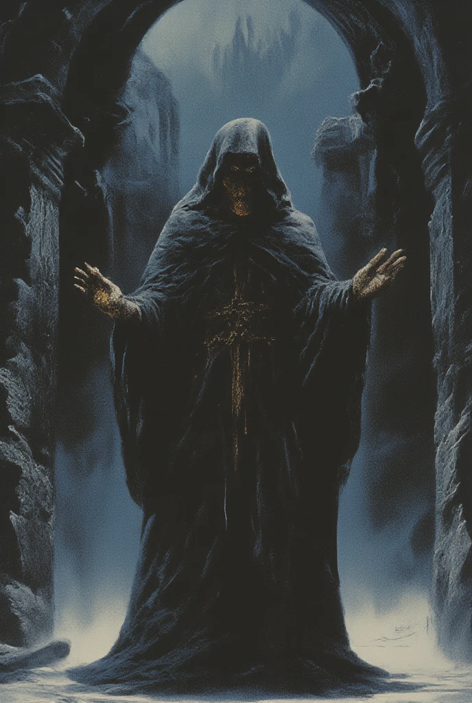 A figure, positioned slightly off-center to the left of the image, is draped in a long, flowing cloak. The cloak and the figure's apparel are dark-colored, possibly black, with a pattern of gold or bronze speckles. A white mask, with a cracked or weathered texture, covers the face. The figure's features are obscured by the mask, but the overall impression is of a stoic or serious expression.  The figure seems to be of an adult, with a medium build. The backdrop is dark and muted, with shades of dark gray, indigo, and deep blue.  Architectural details, suggestive of stone or crumbling stonework, are visible in the background, specifically patterned vertical lines.  The figure's pose is  serene and still, with the head facing the viewer.  The light source is indirect and low-key, creating subtle shadows and dramatic contrasts. The artwork evokes a mysterious and possibly historical or fantasy atmosphere.  The style is reminiscent of a painting or illustration from a book or game, with a degree of stylized detail.
