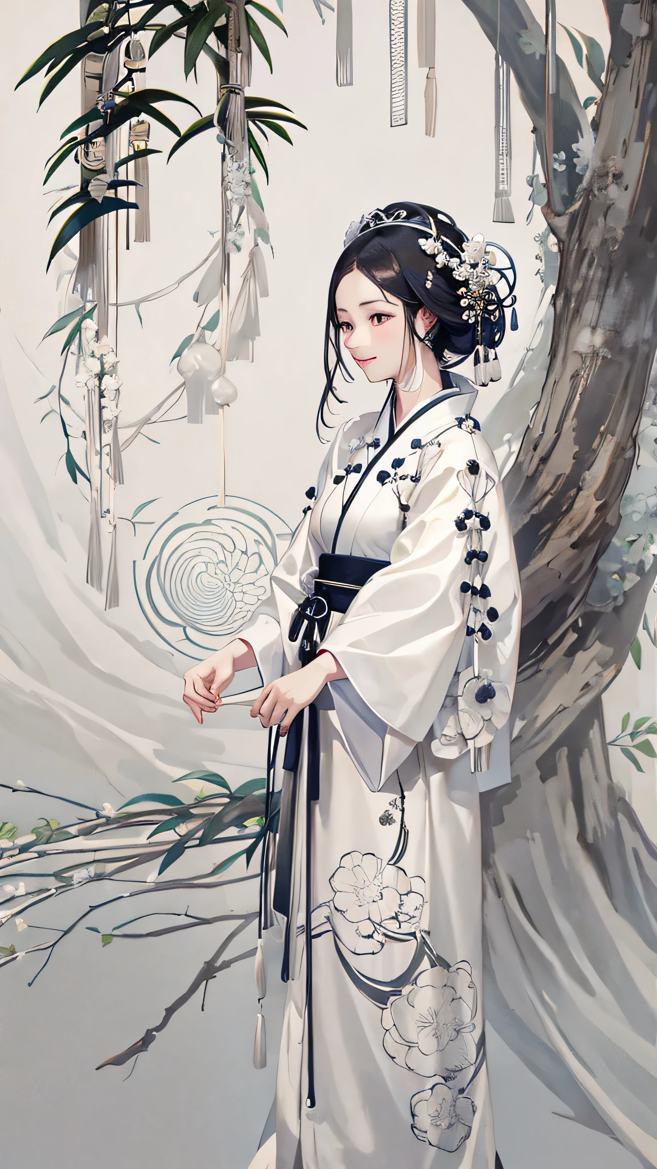  black and white images、Shukezoma,  Negative Space , , Jellyfish Sim  ,  portrait of a woman standing , Willow Branch, (masterpiece,  top quality :1.2), Traditional Chinese ink painting ,  Model Shooting Style , Peaceful, (smile),  viewers, wearing long Hanfu, Hanfu, Song, Portrait of a woman standing with a willow tree in the background , wuchangshuo,