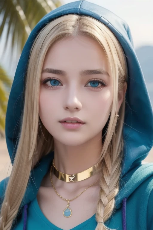 (masterpiece,  top quality ),   complicated details,,  One girl ,     mouth,  multi-colored hair ,  blue eyes, Shark hair accessory,  Gold Hair Ornament , gold choker,  gold jewelry ,  Sharp teeth, Green, blue hoodie,,  Greek clothing, Peplos,