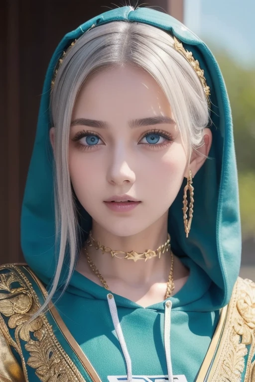 (masterpiece,  top quality ),   complicated details,,  One girl ,     mouth,  multi-colored hair ,  blue eyes, Shark hair accessory,  Gold Hair Ornament , gold choker,  gold jewelry ,  Sharp teeth, Green, blue hoodie,,  Greek clothing, Peplos,