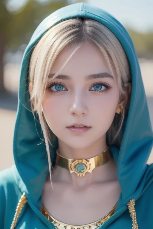 (masterpiece,  top quality ),   complicated details,,  One girl ,     mouth,  multi-colored hair ,  blue eyes, Shark hair accessory,  Gold Hair Ornament , gold choker,  gold jewelry ,  Sharp teeth, Green, blue hoodie,,  Greek clothing, Peplos,