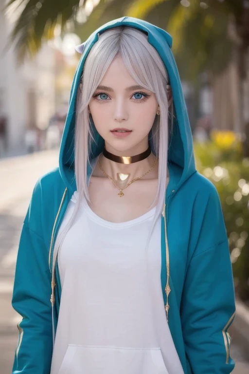 (masterpiece,  top quality ),   complicated details,,  One girl ,     mouth,  multi-colored hair ,  blue eyes, Shark hair accessory,  Gold Hair Ornament , gold choker,  gold jewelry ,  Sharp teeth, Green, blue hoodie,,  Greek clothing, Peplos,