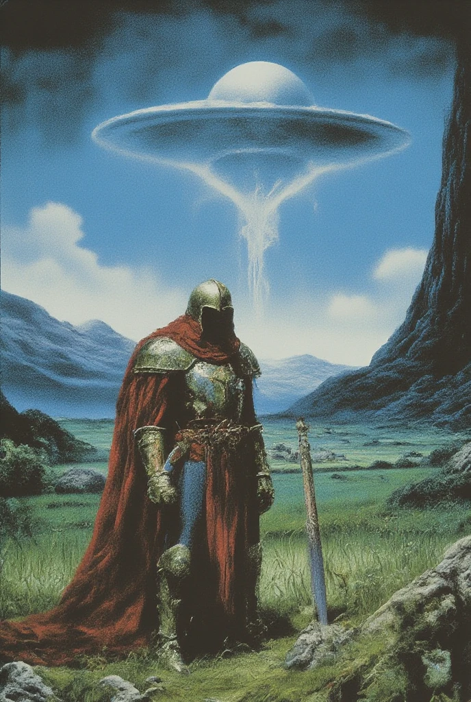 A medieval knight, in full plate armor and a crimson cape, stands in a field, facing away from the viewer, towards a hovering UFO. The knight is positioned slightly to the left of center in the image.  His back is to the viewer, and he stands with a sword in his hand, suggesting vigilance or anticipation. The knight's armor is a golden-bronze hue, and the color palette of the image is muted, with shades of deep blue in the sky, and warm, earth tones in the foreground.  The knight appears to be a middle-aged adult male, of a medium build, and the image style is reminiscent of pixel art or video game graphics.  A large, dark green saucer-shaped UFO is visible in the upper middle portion of the sky.  The landscape consists of a field of tall grass, with dark stylized trees in the background, which suggest a pre-industrial era or fantasy setting. A large, stylized column or tower-like structure is seen on the right side of the image in the background, adding to the sense of a world different than our own. The overall color palette is muted, with a strong contrast between the bright, nearly neon blue sky and the muted colors of the foreground elements. The lighting in the image is bright, highlighting the detail of the knight's armor. The image has a somewhat surreal and fantastical atmosphere evocative of pixel art. Hyperrealistic textures, dynamic composition and deep shadows. Cinematic lighting and atmospheric effects, illust、art、from 80s horror movie, Analog style, vhs style, 8mm film, chromatic aberration, Dvd screengrab、Surrealism, 1 9 8 0's heavy metal album art, psychedelic cosmic horror, 8 0 s Print Science fiction art, 1 9 8 0 s Portada de ciencia - fidelidad, alien skull, por Don Maitz, por Richard Corben, 8 0 s arte, Cosmic horror style, 8 0's fantasy art
