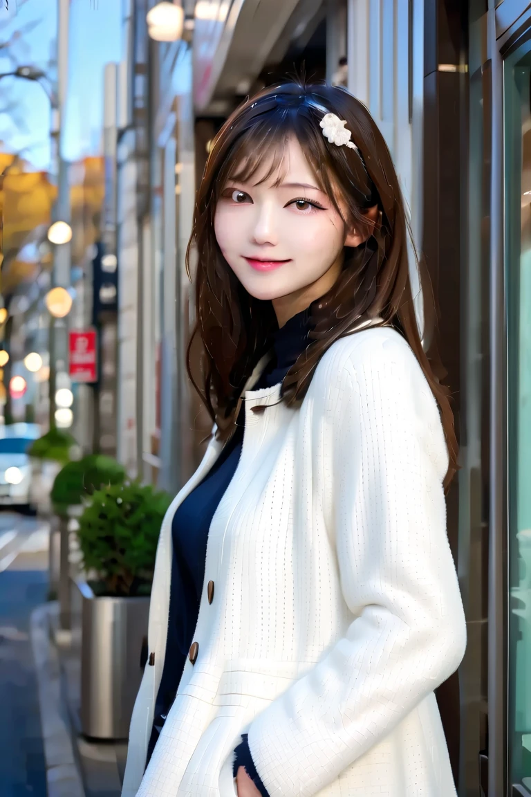  one girl,  Japanese, Brown Hair,  semi-long,  long lashes,  well-prepared face,  plump lips , Tilt your head,  provocative smile , white, fine skin, pale blue coat ,  pearl white slacks,  white sneakers , Full body portrait, In front of the coffee shop, Midday, Winter Vibes , charming,  cute girl, ((  delicate facial features ,  eroticism)),  realistic , 8k, Dramatic Shadows ,  intricate and elaborate pattern  ,  is  ,  beautiful color , Deep Contrast  ,  super real 、 cinematic composition、