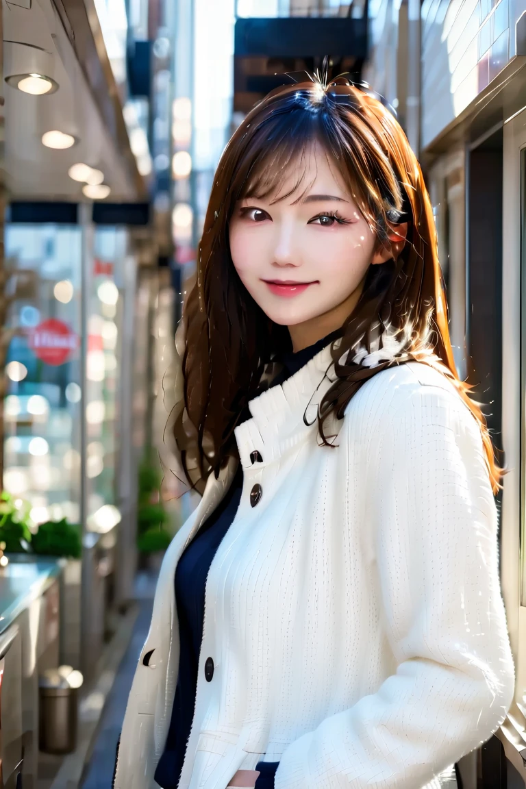  one girl,  Japanese, Brown Hair,  semi-long,  long lashes,  well-prepared face,  plump lips , Tilt your head,  provocative smile , white, fine skin, pale blue coat ,  pearl white slacks,  white sneakers , Full body portrait, In front of the coffee shop, Midday, Winter Vibes , charming,  cute girl, ((  delicate facial features ,  eroticism)),  realistic , 8k, Dramatic Shadows ,  intricate and elaborate pattern  ,  is  ,  beautiful color , Deep Contrast  ,  super real 、 cinematic composition、