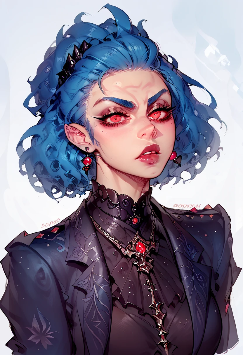 Anime android girl, serial android, loyal, courageous, and assertive personality., glowing red eyes, adventurous spirit and able to cope well under challenging circumstance, elegant dark dress, blue hair, Adult petite body, elegant dark dress