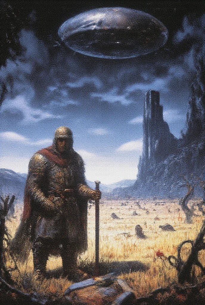 A medieval knight, in full plate armor and a crimson cape, stands in a field, facing away from the viewer, towards a hovering UFO. The knight is positioned slightly to the left of center in the image. His back is to the viewer, and he stands with a sword in his hand, suggesting vigilance or anticipation. The knight's armor is a golden-bronze hue, and the color palette of the image is muted, with shades of deep blue in the sky, and warm, earth tones in the foreground. The knight appears to be a middle-aged adult male, of a medium build, and the image style is reminiscent of pixel art or video game graphics.  A large, dark green saucer-shaped UFO is visible in the upper middle portion of the sky. The landscape consists of a field of tall grass, with dark stylized trees in the background, which suggest a pre-industrial era or fantasy setting. A large, stylized column or tower-like structure is seen on the right side of the image in the background, adding to the sense of a world different than our own. The overall color palette is muted, with a strong contrast between the bright, nearly neon blue sky and the muted colors of the foreground elements. The lighting in the image is bright, highlighting the detail of the knight's armor. The image has a somewhat surreal and fantastical atmosphere evocative of pixel art. Hyperrealistic textures, dynamic composition and deep shadows. Cinematic lighting and atmospheric effects, illust、art、from 80s horror movie, Analog style, vhs style, 8mm film, chromatic aberration, Dvd screengrab、Surrealism, 1 9 8 0's heavy metal album art, psychedelic cosmic horror, 8 0 s Print Science fiction art, 1 9 8 0 s Portada de ciencia - fidelidad, alien skull, por Don Maitz, por Richard Corben, 8 0 s arte, Cosmic horror style, 8 0's fantasy art
