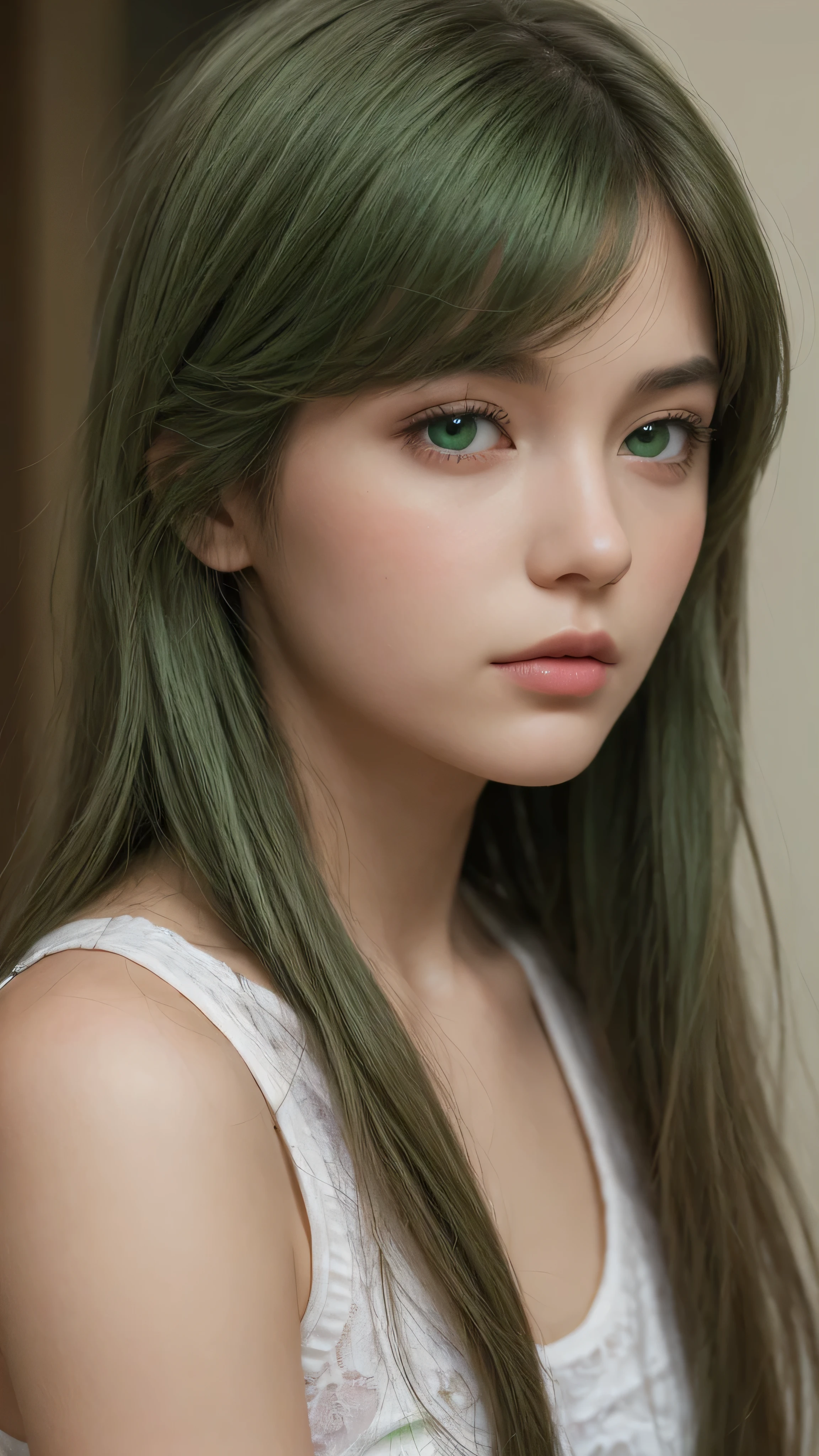 a girl. European. Extremely detailed face. Oval face. Delicate facial features. Half-closed eyes. Long straight hair. Messy hair. Bangs. Green hair. Green eyes. Green silk nightgown. Lustful expression