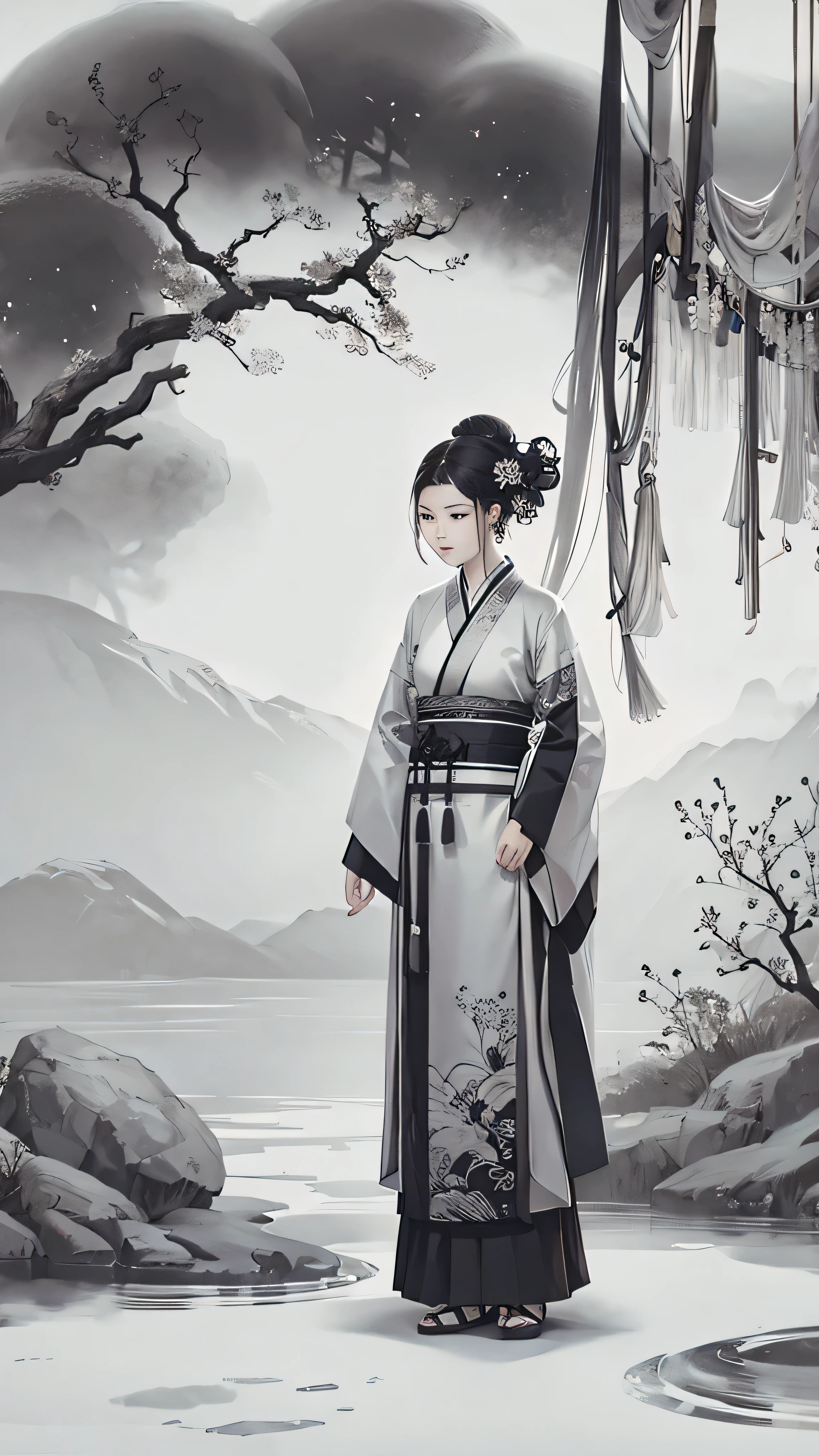  black and white images、Shukezoma,  Negative Space , , Jellyfish Sim  ,  portrait of a woman standing , Willow Branch, (masterpiece,  top quality :1.2), Traditional Chinese ink painting ,  Model Shooting Style , Peaceful, (smile),  viewers, wearing long Hanfu, Hanfu, Song, Portrait of a woman standing with a willow tree in the background , wuchangshuo,