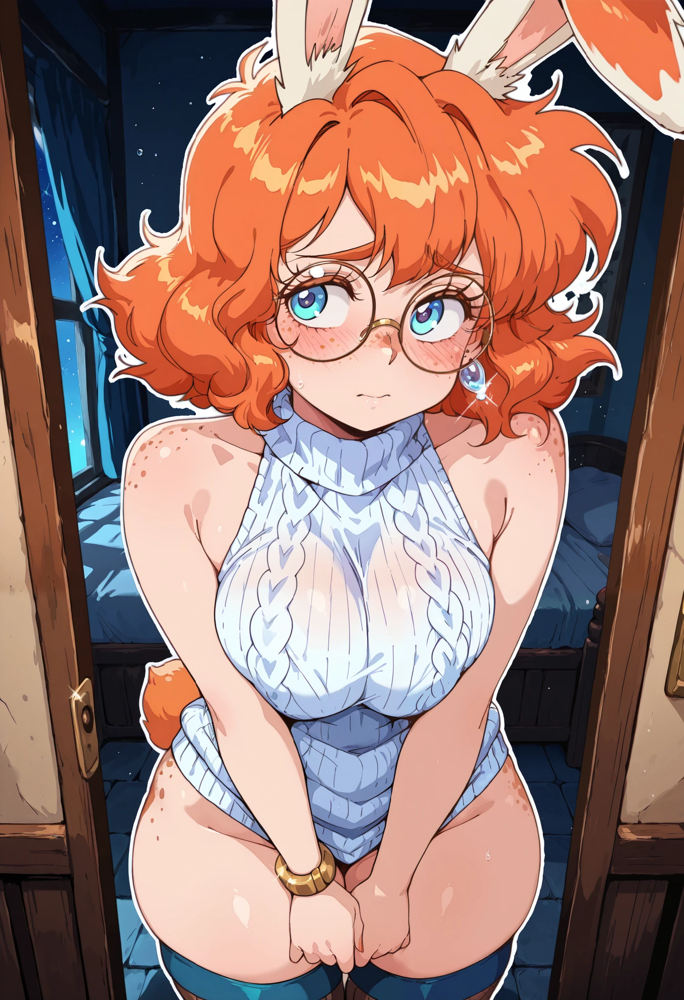 score_9, score_8_up, score_7_up, score_6_up, Bl3th3bn3_Styl3_SKNSFW, masterpiece, best quality, 1girl, AuroraLOL, 1girl, ginger hair, freckles, rabbit ears, rabbit tail, earring, round glasses, sleeveless sweater, falda, ropa de estudiante, nerd, en biblioteca, sacando un libro, thighhighs, shy, looking to you, 