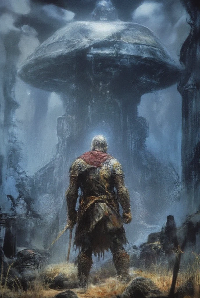 A medieval knight, in full plate armor and a crimson cape, stands in a field, facing away from the viewer, towards a hovering UFO. The knight is positioned slightly to the left of center in the image. His back is to the viewer, and he stands with a sword in his hand, suggesting vigilance or anticipation. The knight's armor is a golden-bronze hue, and the color palette of the image is muted, with shades of deep blue in the sky, and warm, earth tones in the foreground. The knight appears to be a middle-aged adult male, of a medium build, and the image style is reminiscent of pixel art or video game graphics. A large, dark green saucer-shaped UFO is visible in the upper middle portion of the sky. The landscape consists of a field of tall grass, with dark stylized trees in the background, which suggest a pre-industrial era or fantasy setting. A large, stylized column or tower-like structure is seen on the right side of the image in the background, adding to the sense of a world different than our own. The overall color palette is muted, with a strong contrast between the bright, nearly neon blue sky and the muted colors of the foreground elements. The lighting in the image is bright, highlighting the detail of the knight's armor. The image has a somewhat surreal and fantastical atmosphere evocative of pixel art. Hyperrealistic textures, dynamic composition and deep shadows. Cinematic lighting and atmospheric effects, illust、art、from 80s horror movie, Analog style, vhs style, 8mm film, chromatic aberration, Dvd screengrab、Surrealism, 1 9 8 0's heavy metal album art, psychedelic cosmic horror, 8 0 s Print Science fiction art, 1 9 8 0 s Portada de ciencia - fidelidad, alien skull, por Don Maitz, por Richard Corben, 8 0 s arte, Cosmic horror style, 8 0's fantasy art
