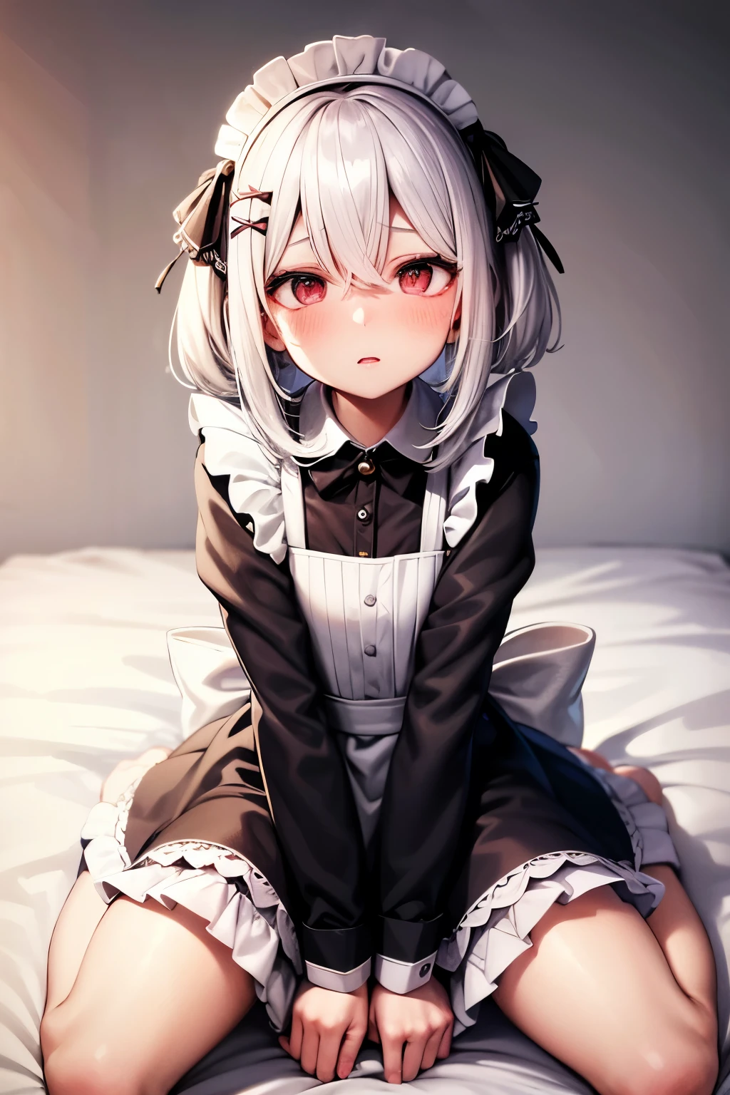 sitting on the bed and hide something white hair , hime cut, hair over eyes ,shiny hair ,medium hair , maid , maid headdress , x hair ornament ,mole under eyes , embarrassed , blush , panicking , accurate ,anatomically correct , super detail ,high detail,high quality,best quality,highest,1080P,HD,16k