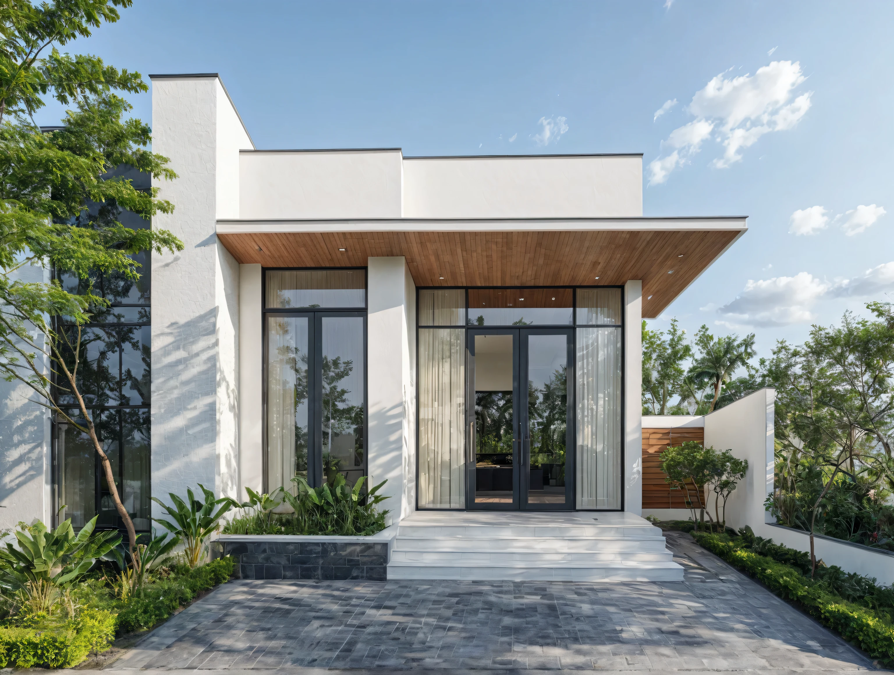 (masterpiece:1.2), best quality, photo of A two-story modern house with white walls and dark gray tiles on the roof., tree and plant, streetcapes, natural light, The exterior of an elegant single family home features large windows, ((a dark gray door frame)).