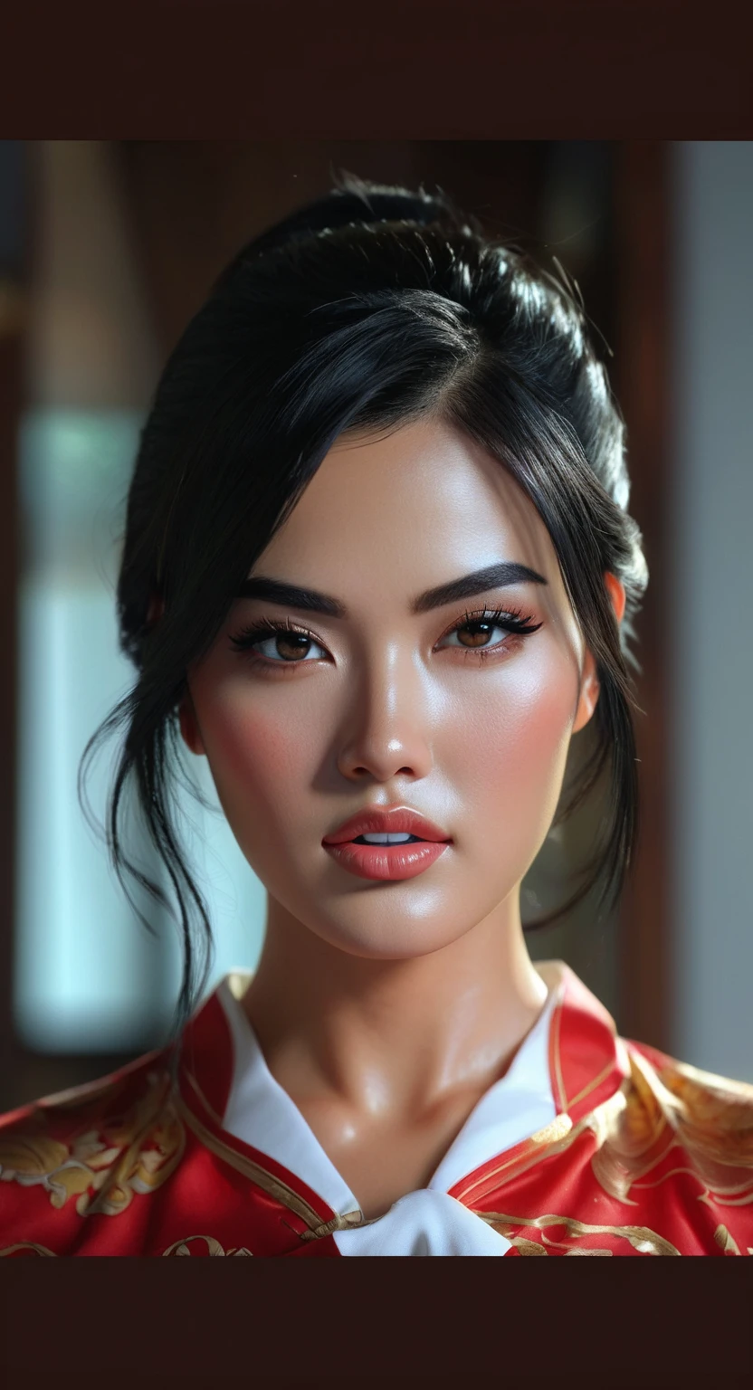 best quality, hyperrealism, hyper detailed, cinema 4k, hyperrealism, beautiful, photorealistic, (ultra wide shot:1.2), (unreal engine:1.1), (8k resolution:1.2),, masterpiece , ((Indian wife)) ((breast, breast:0.1)), ((perky black breast nubs:0.1)), crimson red lips, hairs Long and Straight, hand on hip, black hair, nudity, walking inside mall  