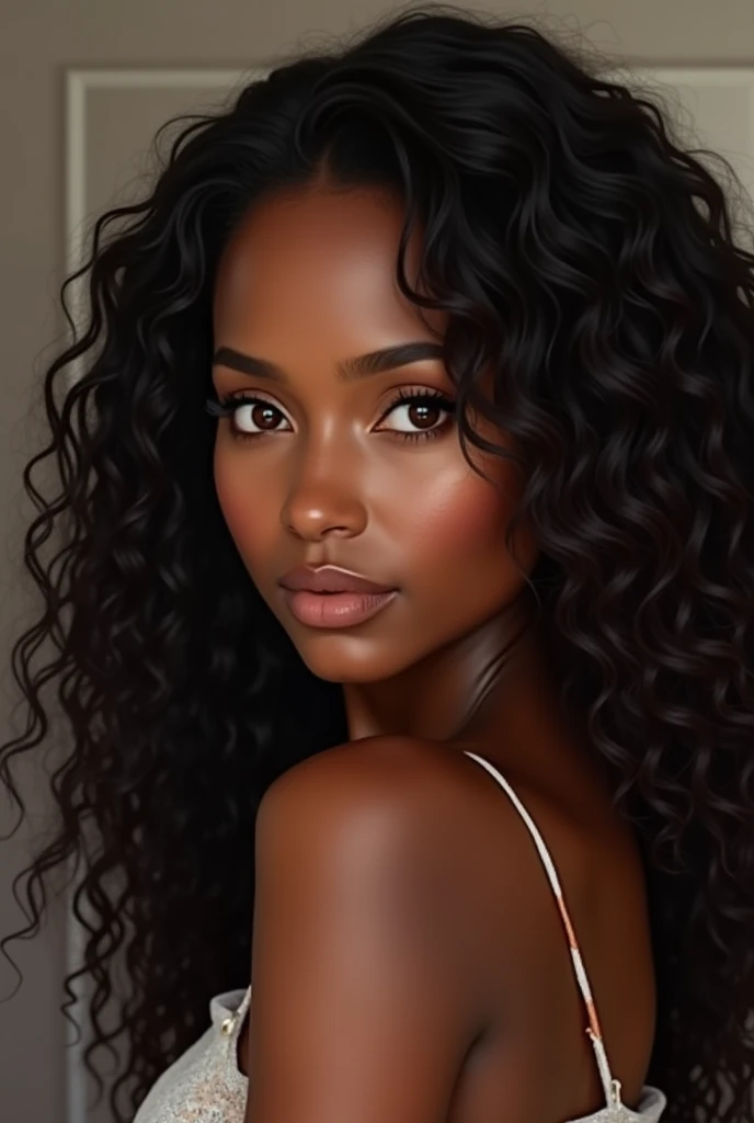 ((Super realistic ))there is a slim black ebony woman with thick thighs, the woman has curly black curly, she has dark skin, with dark brownish skin, with curly, long black curly moist hair sh