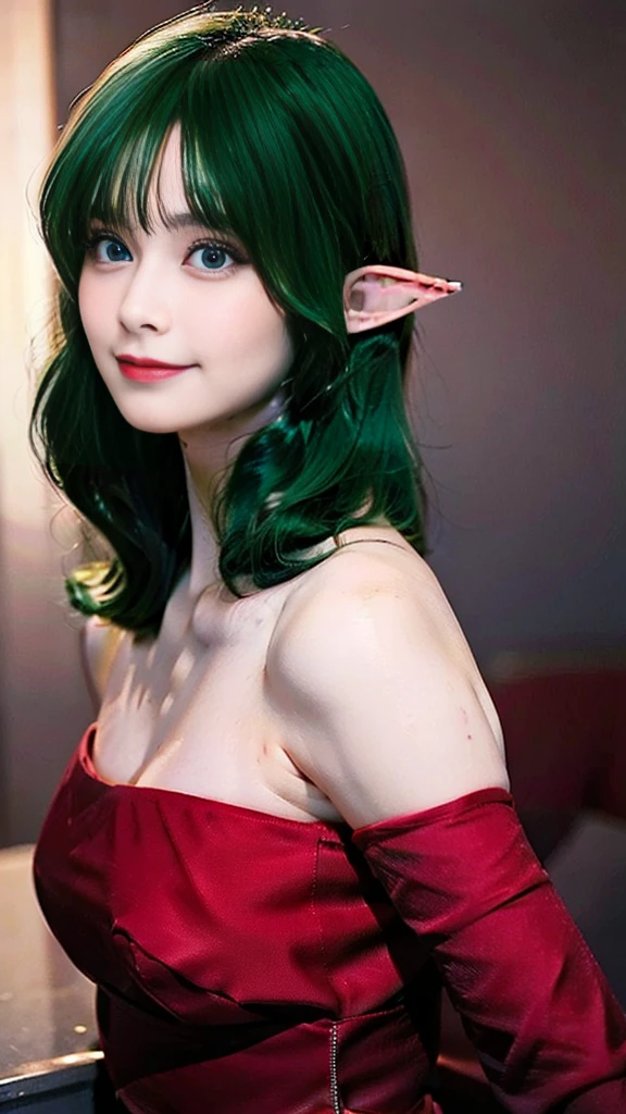 ((masterpiece,best quality,ultra-delicate,Perfect Face,16k,very detailed eyes,high resolution,very beautiful girl,sharpness,raw photo,18 years old,bright green color hair:2.0,cute,Photographed from the front)),,Red strapless bodycon tube dress with huge red bow on the back:2.0,Red long arm sleeves,Elf Girl,very huge Breasts:2.0,blue eyes, very happy smile:2.0,upper body shot,