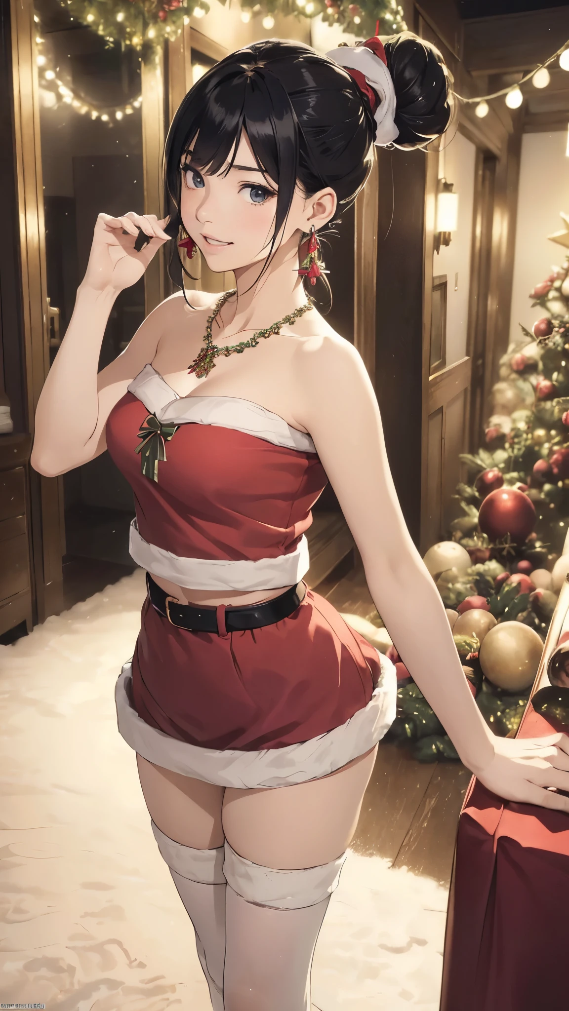 The background is standing inside a Japanese living room decorated for Christmas、Decorated Christmas Tree、Night view(Highest quality、masterpiece、High resolution)、(Sargent-style watercolor)、( anime art )、、((Right beside、Woman profile、))、(Detailed depiction of a beautiful face)、Sexy Christmas skirt and thong、Black stockings、Sleeveless Christmas crop top、A kind smile、Medium Short Hair、Full breasts、Thick thighs、Wide hips、Round plump ass、Black Hair、Braiding、Expressive eyes、
information(Highest quality:1.2)、Very detailed、High resolution、masterpiece:1,2、Bright colors、bokeh、Professional Lighting、Physically Based Rendering、Flat Color:0.8、Fine Illustration、Realistic:1.37、Makoto Shinkai style、Name Style、Elegant update、Short Bob、Laugh together、Dynamic poselip、cheek(Black Hair/)bangs、cheek(direction)、(最高masterpiece1.2) delicate illustrationVery detailed、Break Blue Sky、Detailed Background、18-year-old female、、A shy smile、Through clenched teeth、Clench your teeth、lip、cheek(Flat Color: 0.8)、(masterpiece: 1,2)、(masterpiece: 1,2)、High resolution、超High resolution、Highest quality、High resolution、Ultra-thin illustration、Makoto Shinkai style、Your Name is Style、long hair、Short Bob、necklace、Earrings、Dynamic pose、Selfie、whole body、Black Hair、Braiding、Hair Bun、ponytail・Hair Bun Style、necklace、Valletta、ribbon、Earrings・Anicure,。