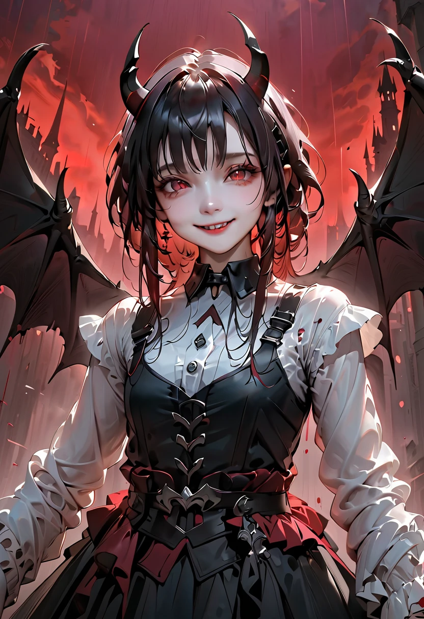 (Highest quality,4K,High resolution,masterpiece:1.2),Very detailed,Realistic:1.37,Spooky altar background,Dark fantasy,Red color scheme,Ominous atmosphere,Eye-catching,Storytelling,anatomy,Anime Style,Concept Art,beautiful細部までこだわった顔と (((Red eyes ))),Terrifying Ritual ,Satanic Ritual,Untimely Death,Unjust act,Crazy Smile,Scythe Face,Girl Monster, beautiful, Delicate facial features, Sharp Eye, Sharp Fangs, Pale skin, Thick chain, Dark Background, Cinema Lighting, Dramatic Shadows, Gothic style, Gloomy atmosphere, Dark fantasy, One Girl, , Please open your mouth wide, Open your mouth and baring your teeth,Sharp teeth like a beast, Wide lips, very wide mouth, Vermilion cheeks, ,(Blood splatter:1.4),Scary smile, laugh at,Fallen angel design, Twisted smile、Bloodstained、bleeding from the head,,、Blood splatter、,(Blood splatter:1.4),Crossbones, skull,Horror Style, ((Fantasy Fallen Angel Costume)), ((Flowing black hair)), ,(Blood splatter:1.4),Female curves, Sexy flat stomach, Perfect hands, Perfect anime face, ((White Lolita Dress)), Are standing, ((Wicked Smile)), ,(Blood splatter:1.4), Steam circulates, Moonlight Illumination, night lighting, disaster々new devil horns,,(Blood splatter:1.6),アニメFallen angel design, Twisted smile、Bloodstained、bleeding from the head,,、Blood splatter、,(Blood splatter:1.4),Crossbones, skull,Gothic architecture、Western architecture、Fantasy World、,Victorian cities, Skeleton Gaslight,