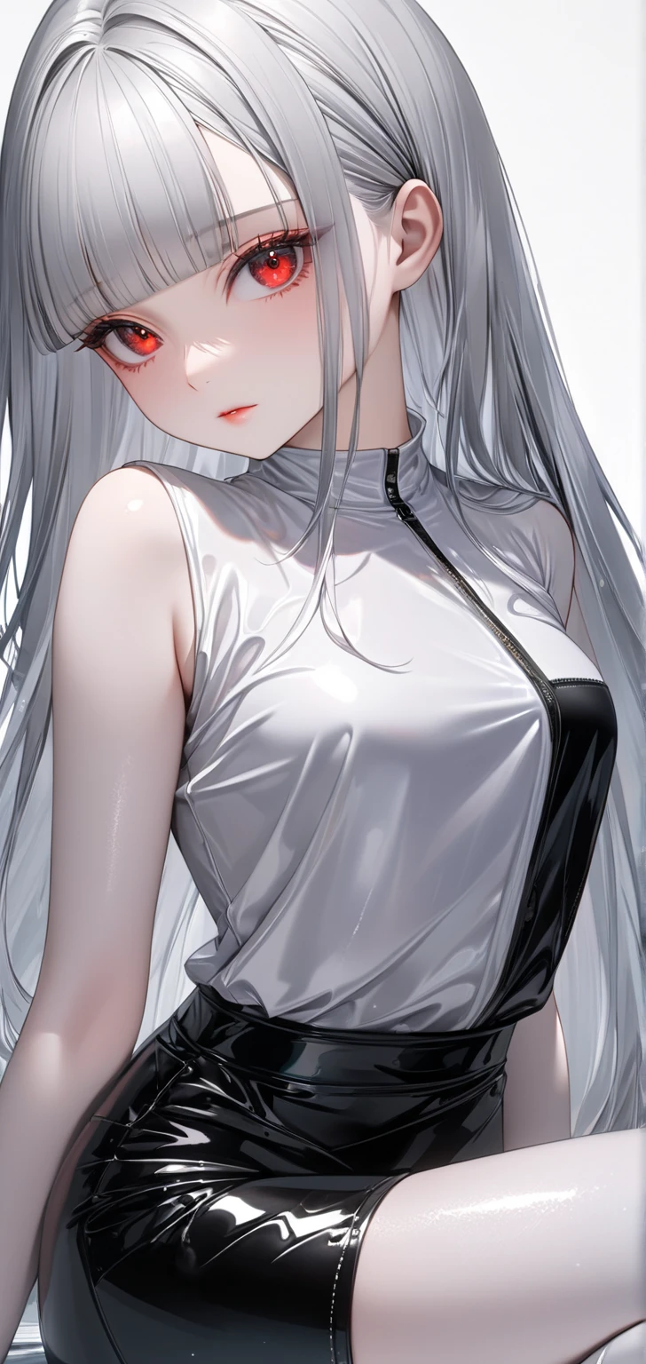 Long silver hair, reddish pink eyes, medium breasts, slim body, cute, black mini skirt
