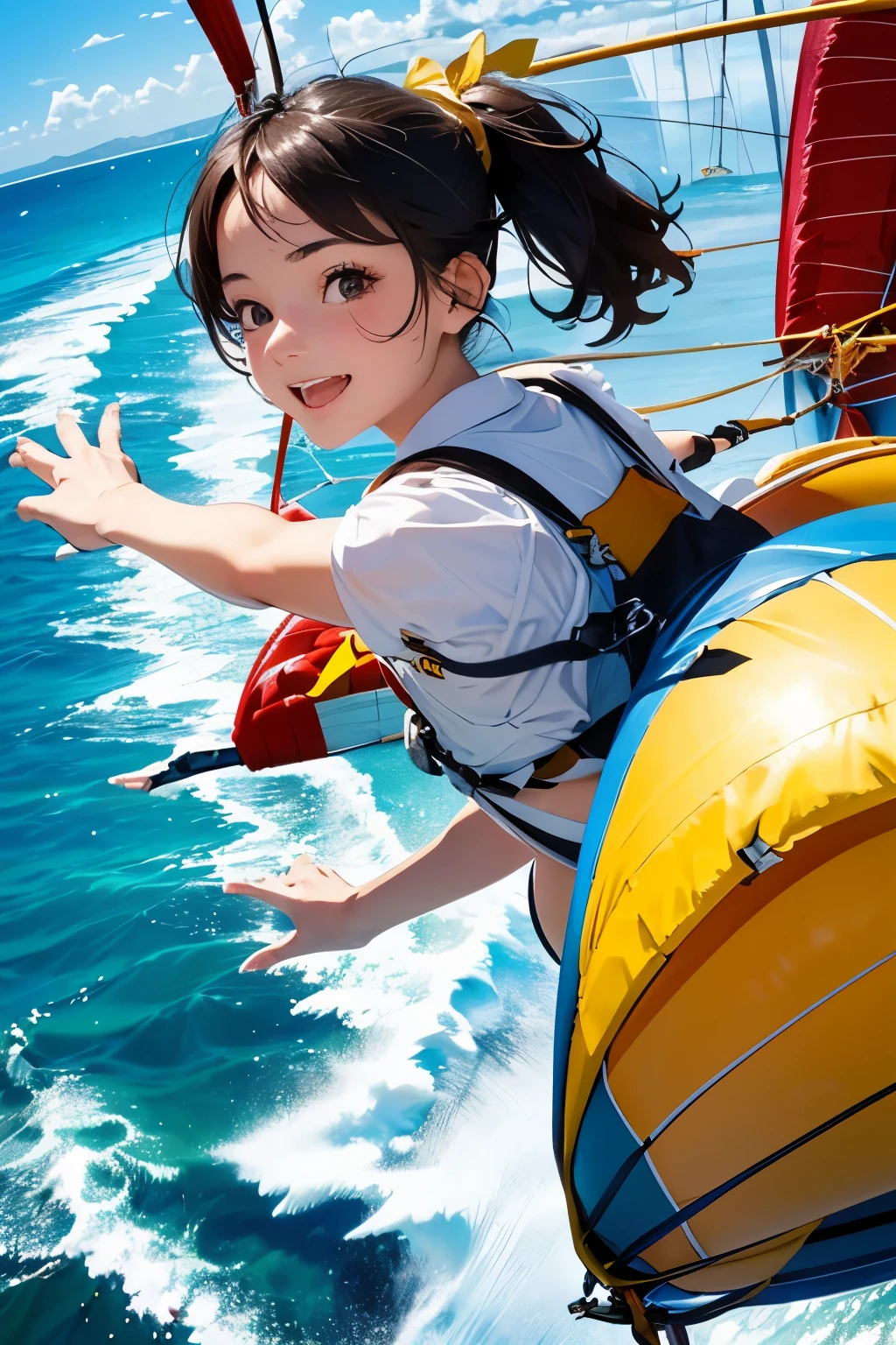 highest quality、High resolution、Detailed Background、(Beautiful face in every detail:1.4)、Anatomically correct、(Draw the usual number of fingers:1.2)、(Detailed facial expressions)、(Detailed eyes:1.2)、(Detailed eyes:1.2)、Teenage beauty、(Highly detailed face:1.4)、Cute color hair color、ponytail、Bobcut、well-groomed eyebrows、Satisfied and happy smiles、Excitement and anticipation、The blueness of the sea、Stretching sandy beach、A beautiful island in the distance々、From the sky、
(A beautiful girl soaring through the sky on a parasailing:1.5)、
A beautiful seaside resort、With blue sky and expansive sea in the background、A view that spreads out at once