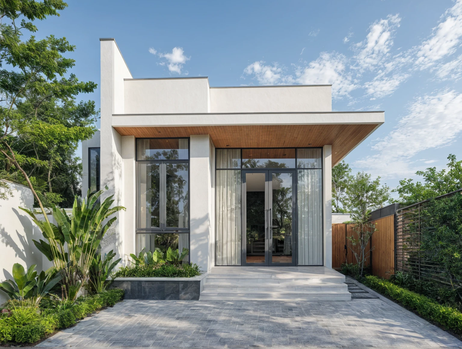 (masterpiece:1.2), best quality, photo of A two-story modern house with white walls and dark gray tiles on the roof., tree and plant, streetcapes, natural light, The exterior of an elegant single family home features large windows, ((a dark gray door frame)).