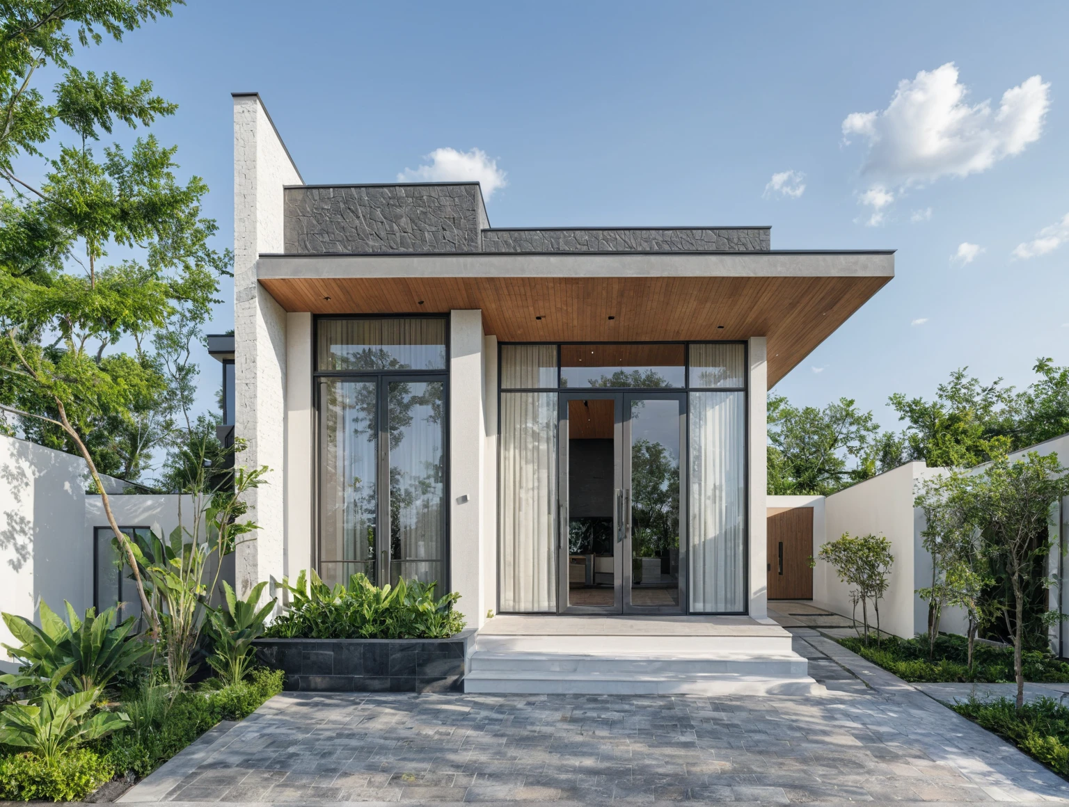 (masterpiece:1.2), best quality, photo of A two-story modern house with white walls and dark gray tiles on the roof., tree and plant, streetcapes, natural light, The exterior of an elegant single family home features large windows, ((a dark gray door frame)).