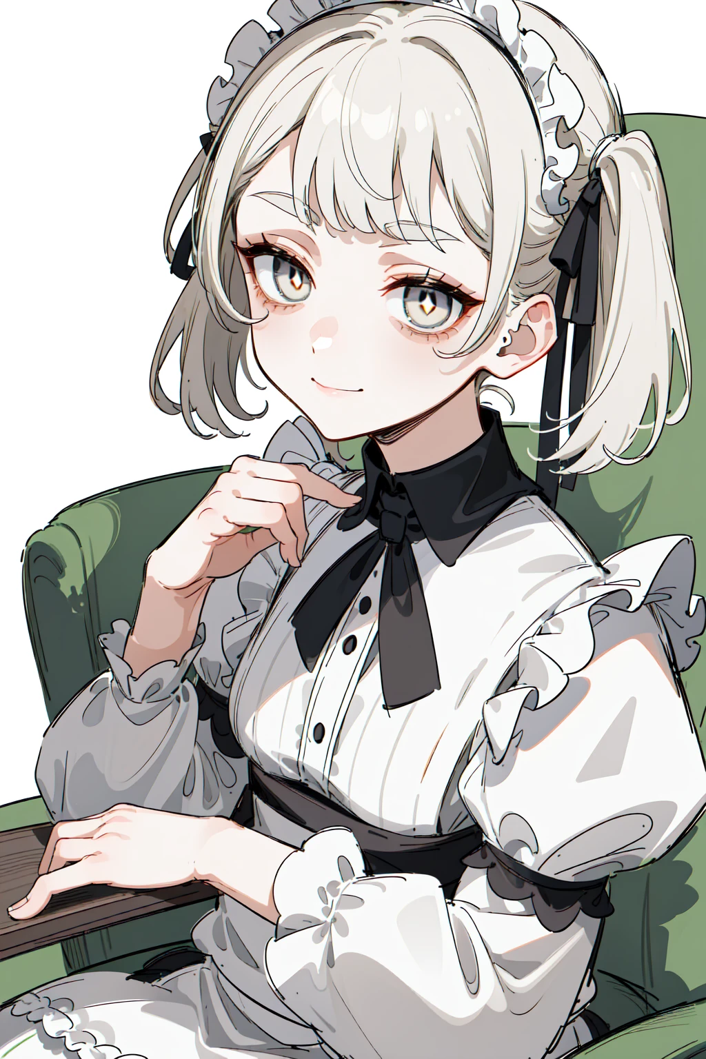 ((masterpiece,  top quality ,  super high quality , Quan, sketch:1.1), One girl , half up pigtails,  are young and have short hair, Pure white hair, bob hair,  short bang, ((Pale grey eyes, White Eyes, White pupil)) ((White pupil)), (Colored eyelashes, White eyelashes:1.2),  neutral,  big smile, glamorous, adult woman, mature body,((small breast)),(( dragon ,Maid,siting on chair))